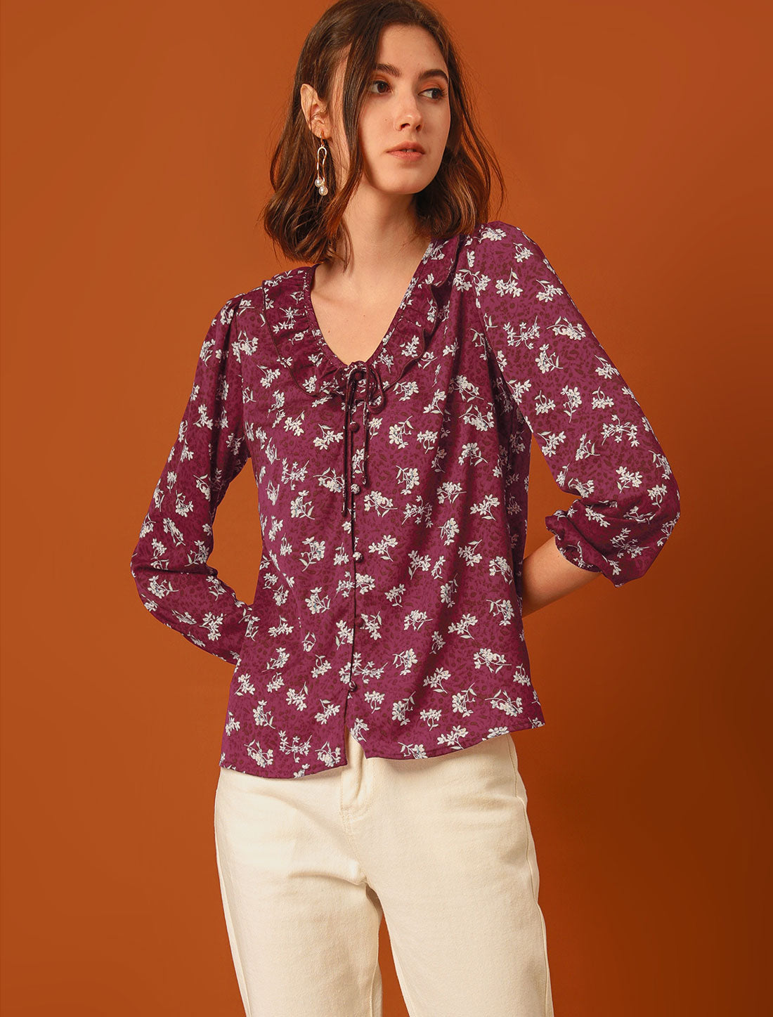 Women's Floral Tie V Neck Ruffle Blouse Top