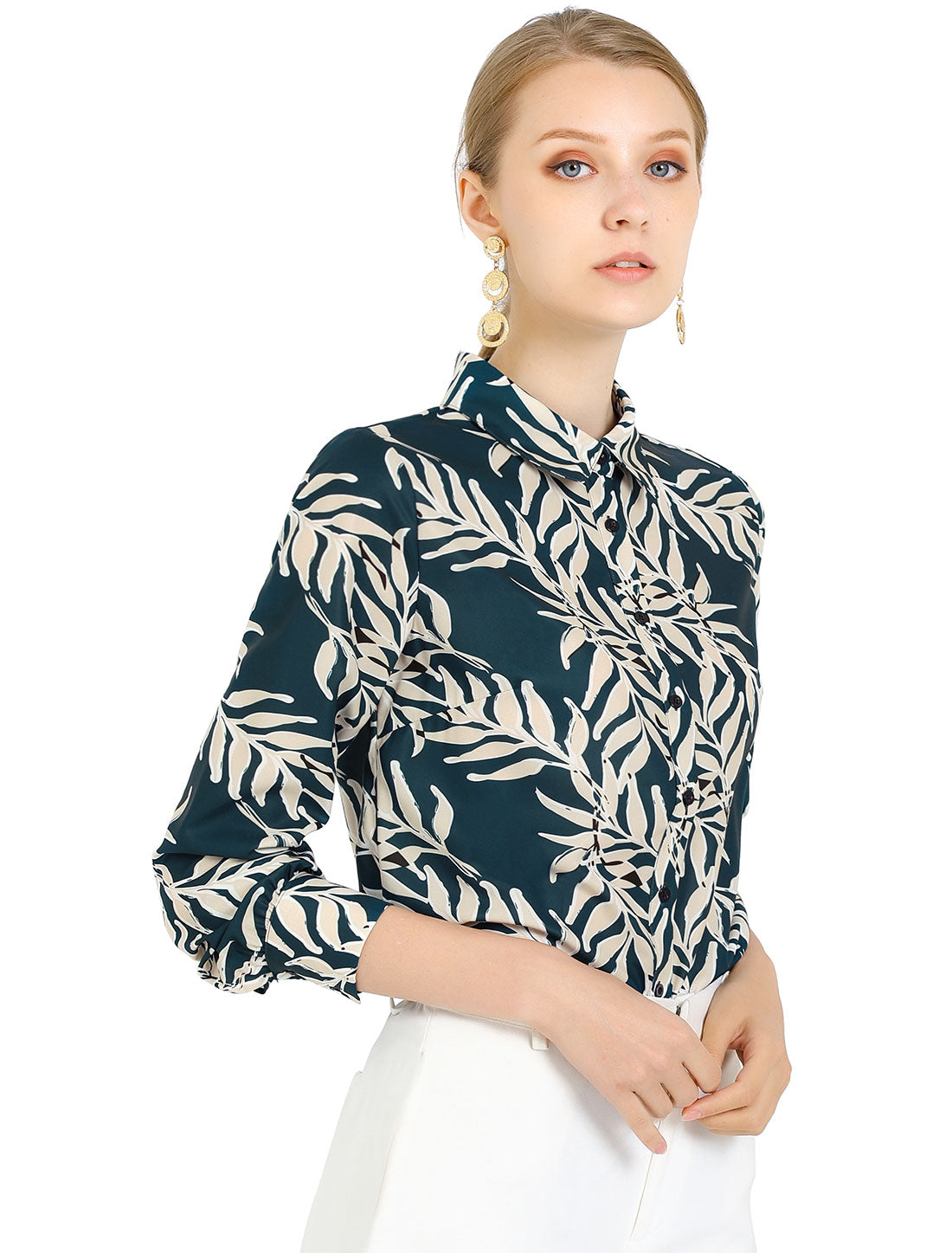 Women's Floral Print Lapel Collar Long Sleeve Button Down Shirt