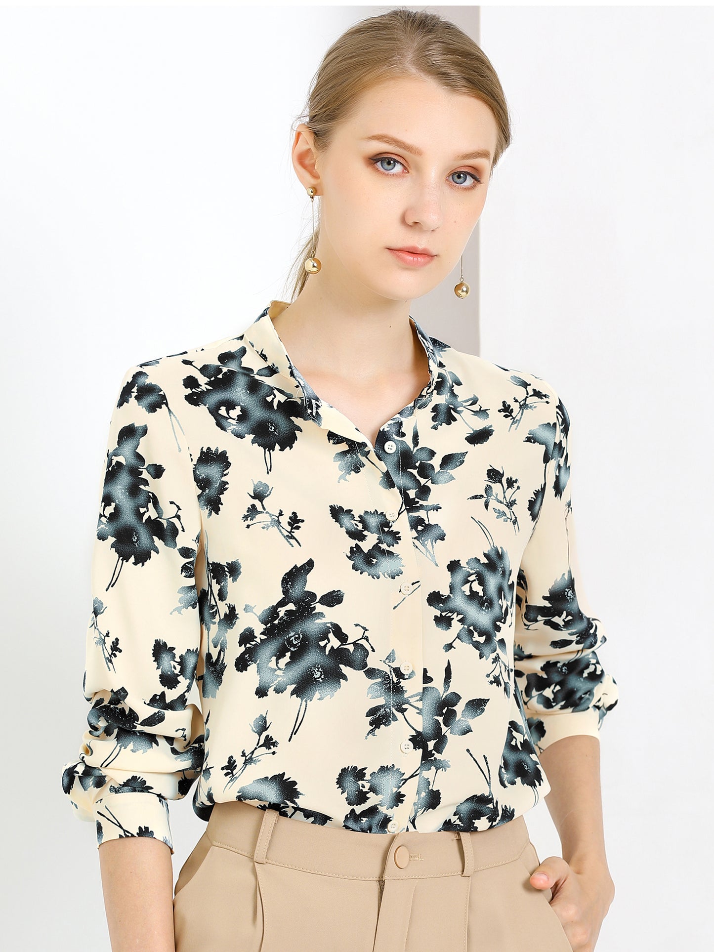 Women's Turn Down Collar Button Up Floral Work Office Shirt
