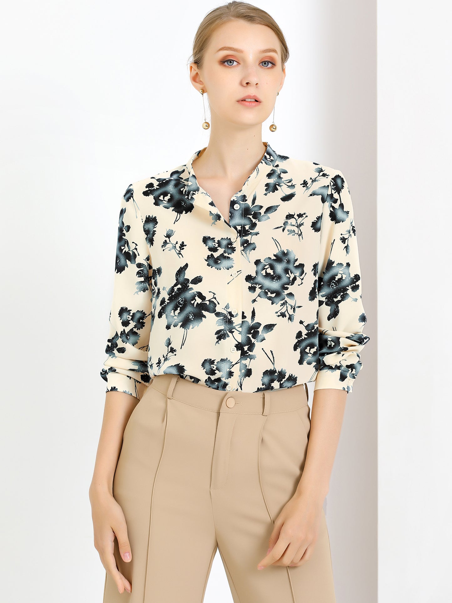 Women's Turn Down Collar Button Up Floral Work Office Shirt