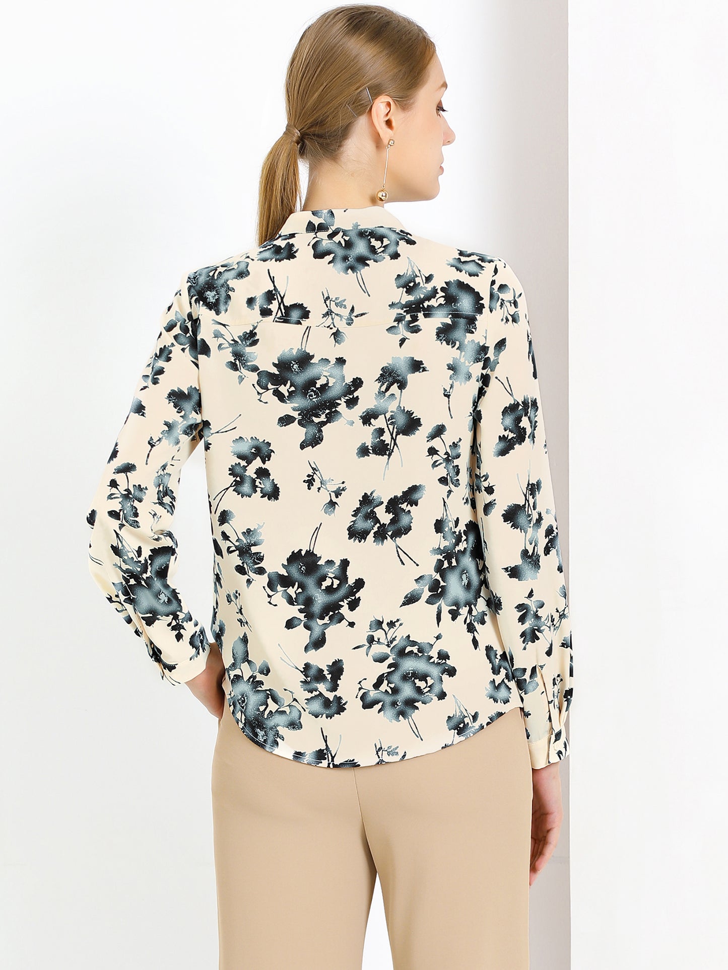 Women's Turn Down Collar Button Up Floral Work Office Shirt