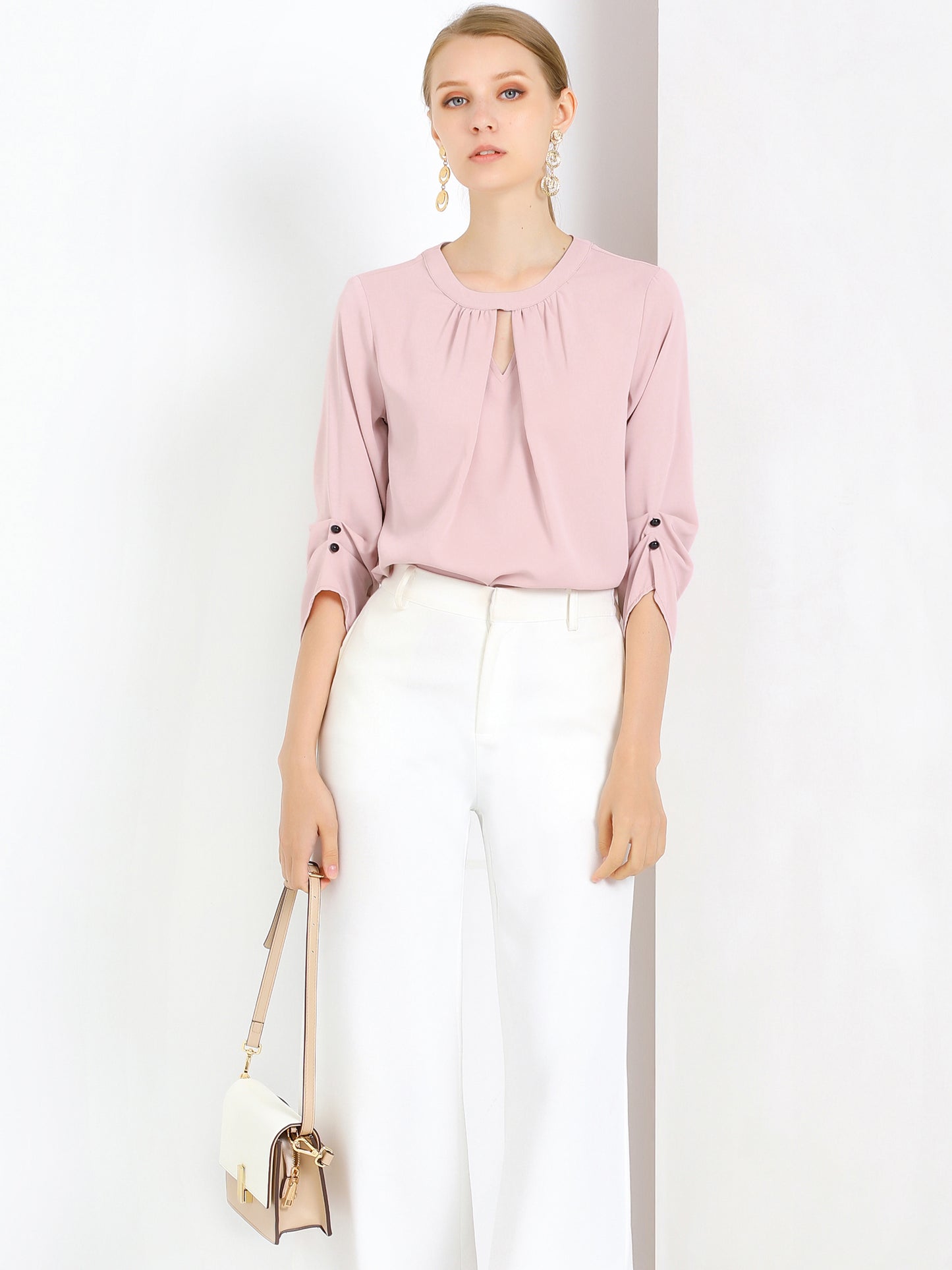 Women's Dressy Work Office Keyhole Pleated Front Ruched 3/4 Sleeve Chiffon Shirt (Available in Plus Size)
