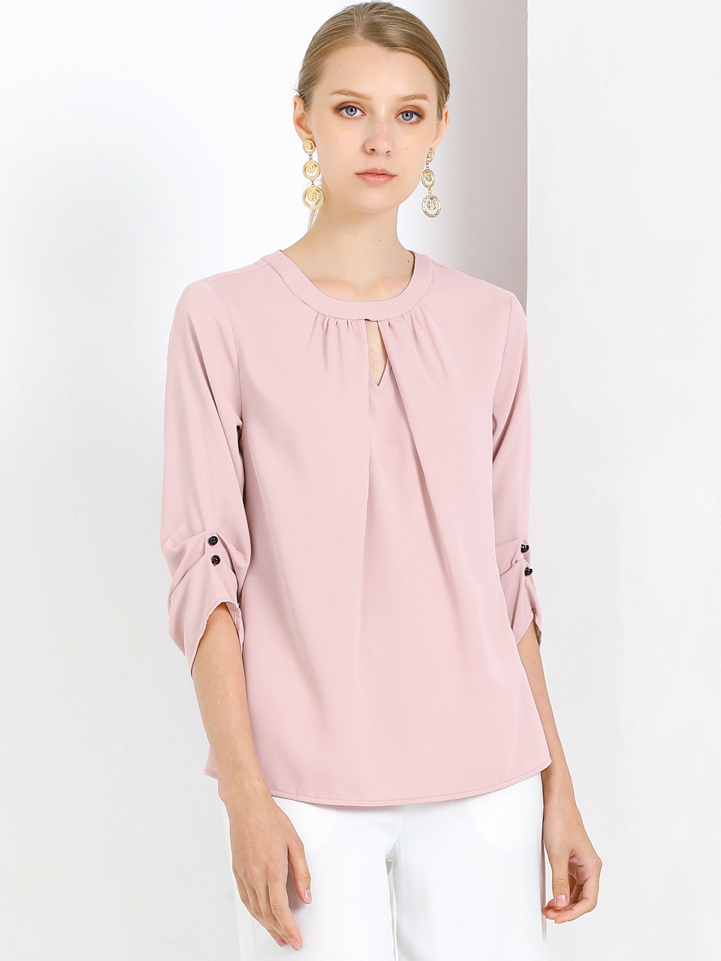 Women's Dressy Work Office Keyhole Pleated Front Ruched 3/4 Sleeve Chiffon Shirt (Available in Plus Size)