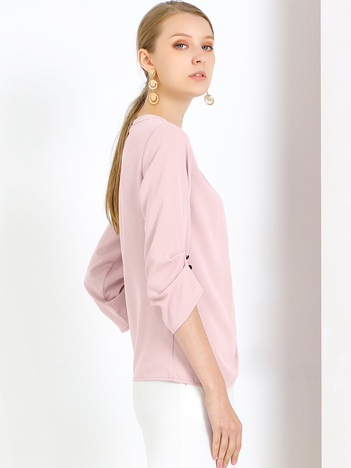 Women's Dressy Work Office Keyhole Pleated Front Ruched 3/4 Sleeve Chiffon Shirt (Available in Plus Size)
