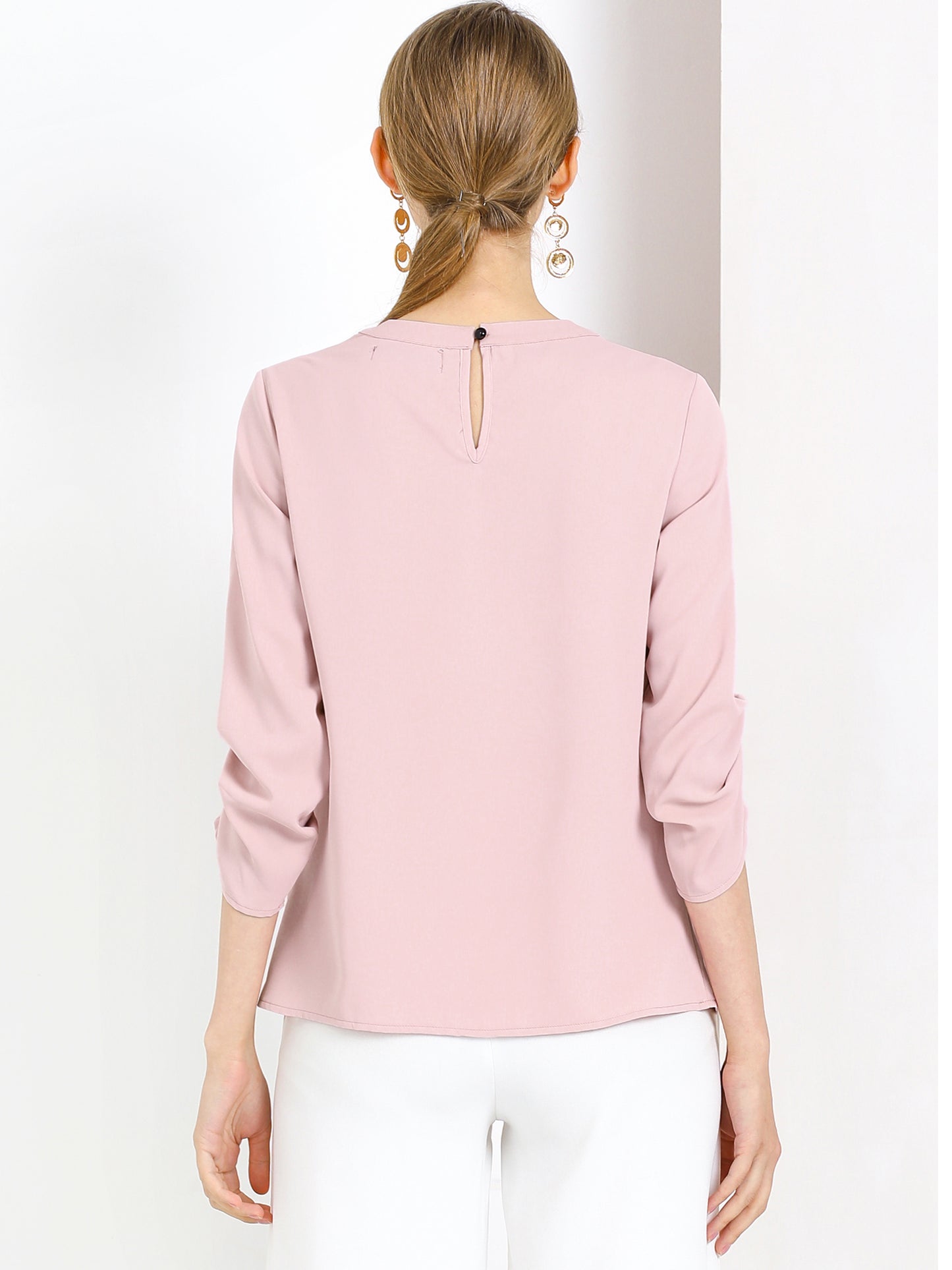 Women's Dressy Work Office Keyhole Pleated Front Ruched 3/4 Sleeve Chiffon Shirt (Available in Plus Size)