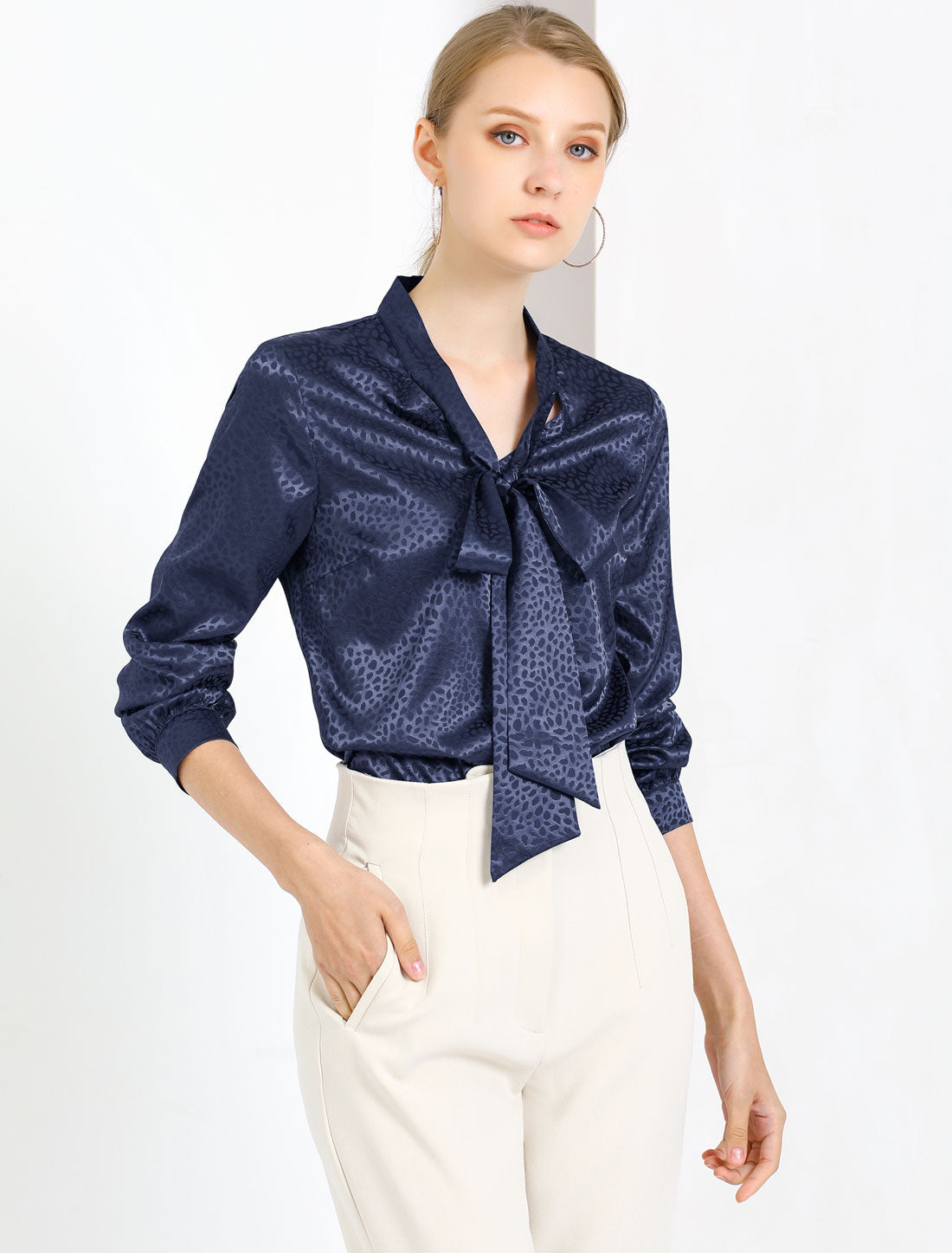 Women's Bow Tie Neck Long Sleeve Printed Satin Embossed Blouse
