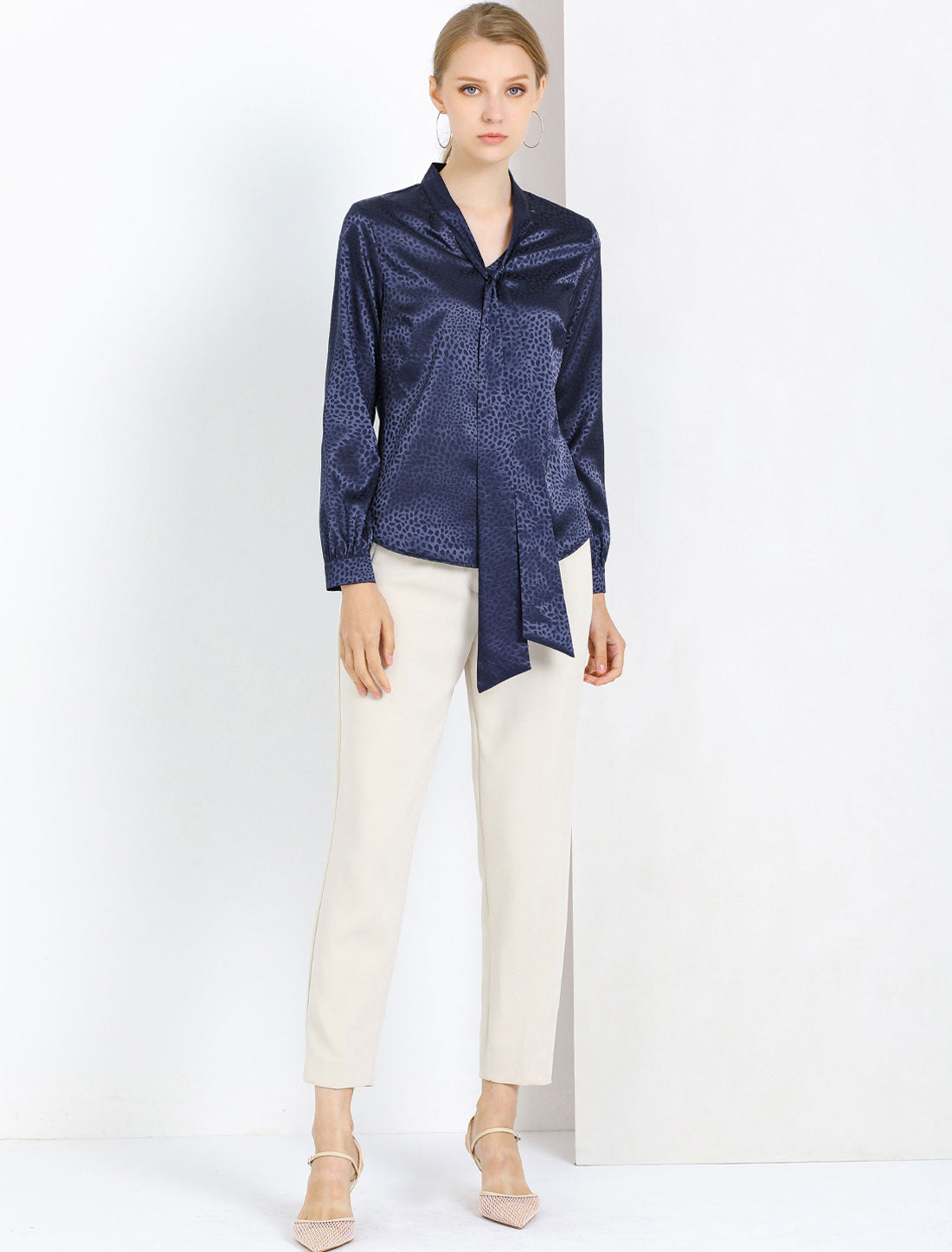Women's Bow Tie Neck Long Sleeve Printed Satin Embossed Blouse