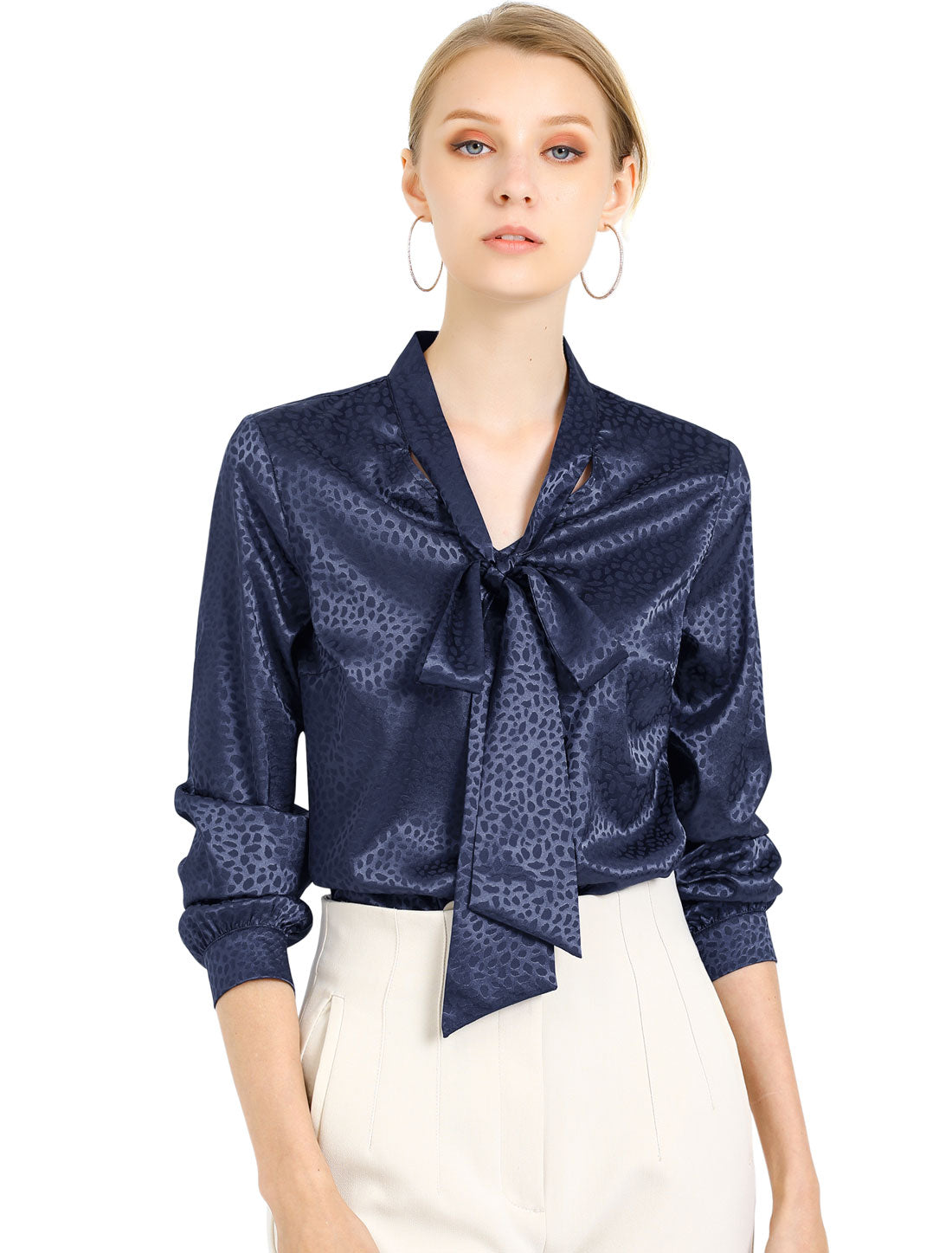 Women's Bow Tie Neck Long Sleeve Printed Satin Embossed Blouse