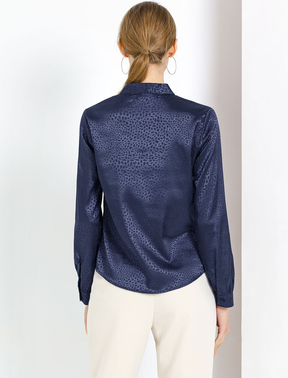 Women's Bow Tie Neck Long Sleeve Printed Satin Embossed Blouse