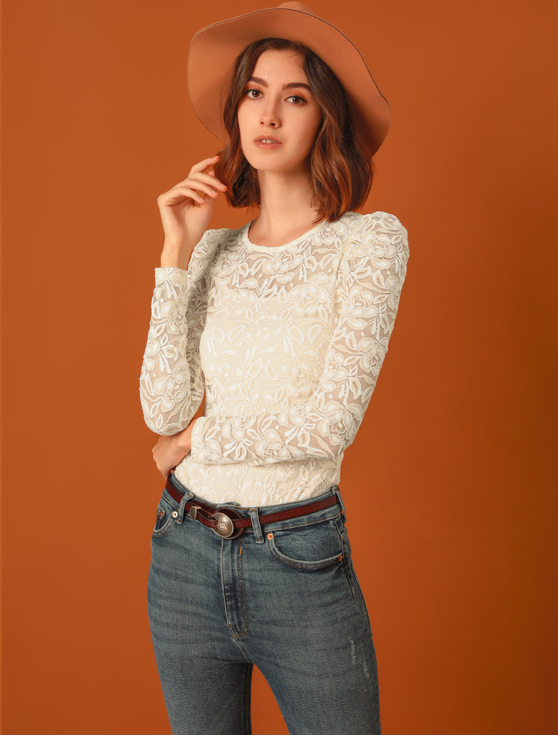 Women's Lace Embroidery Semi Sheer Vintage Puff Sleeve Top (Available in Plus Size)