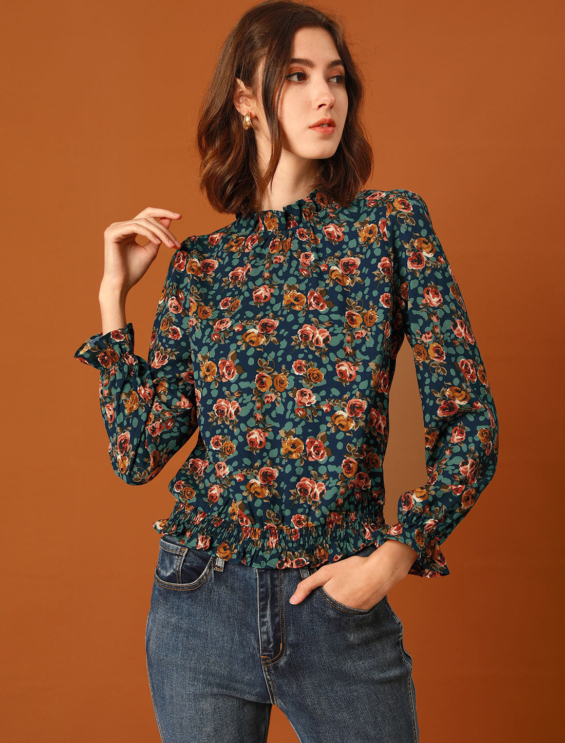 Women's Ruffled Floral Printed Vintage Collared Smocked Waist Blouse