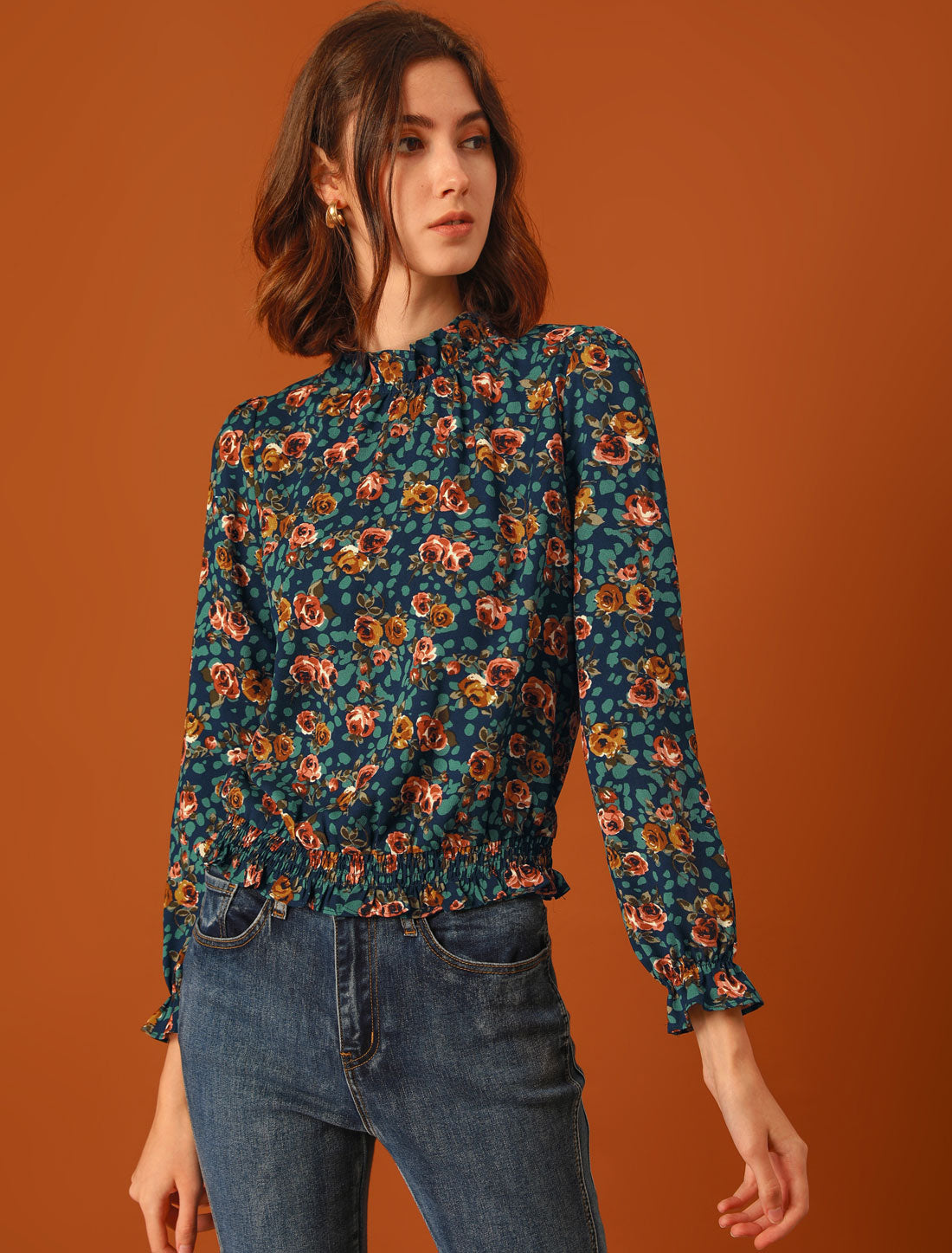 Women's Ruffled Floral Printed Vintage Collared Smocked Waist Blouse