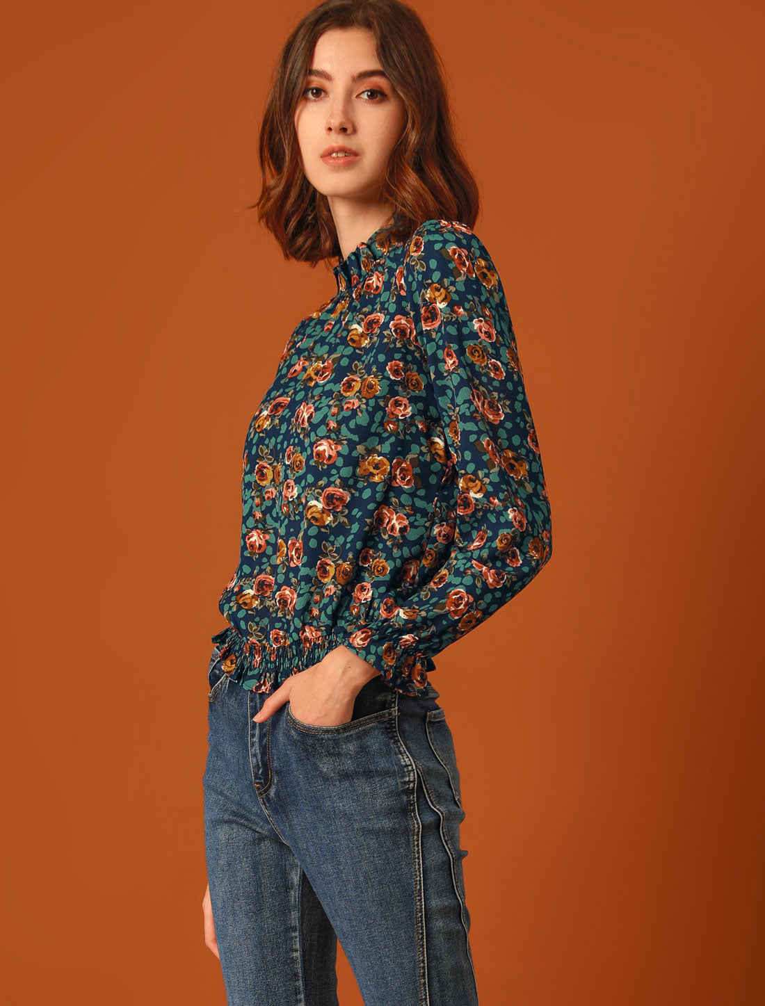 Women's Ruffled Floral Printed Vintage Collared Smocked Waist Blouse