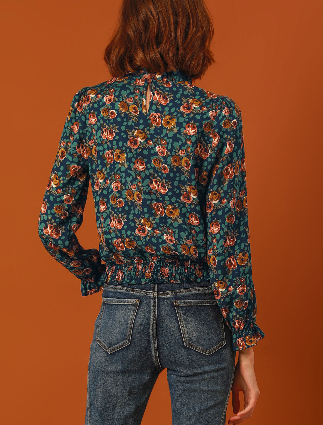 Women's Ruffled Floral Printed Vintage Collared Smocked Waist Blouse