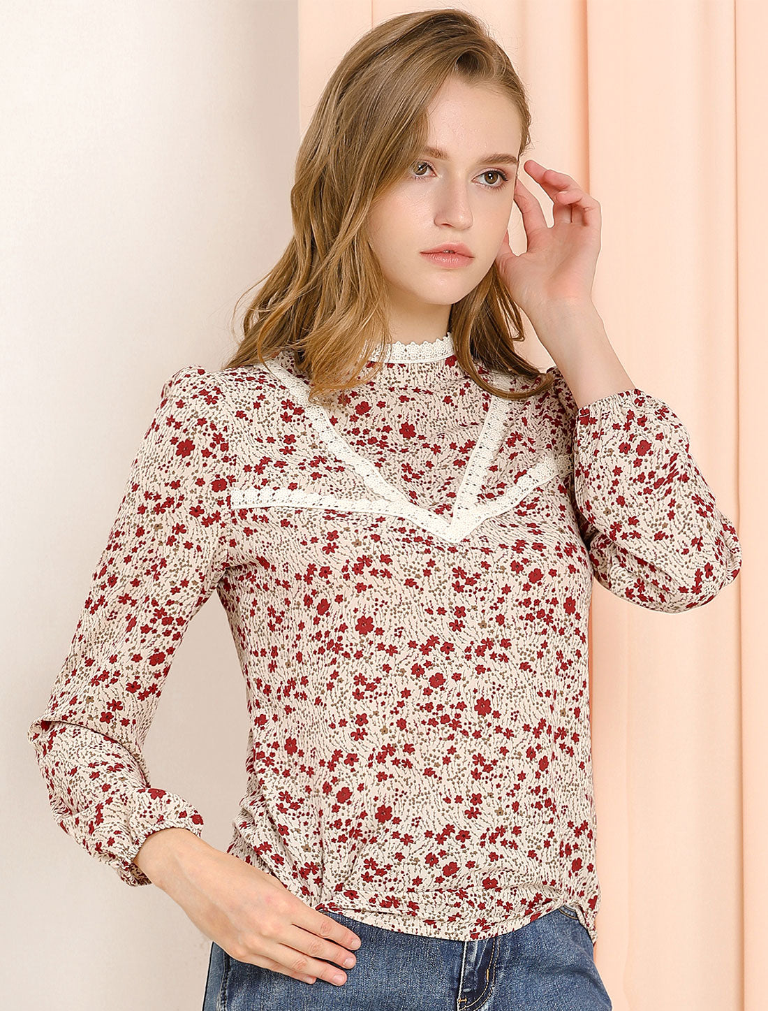 Women's Lace Trim Stand Collar Long Sleeves Floral Blouse Top