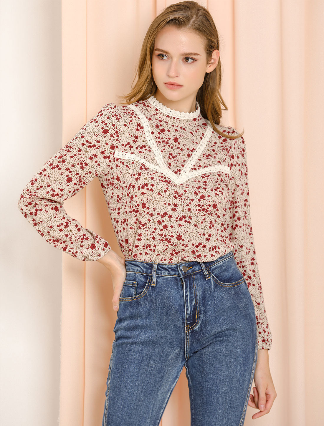 Women's Lace Trim Stand Collar Long Sleeves Floral Blouse Top