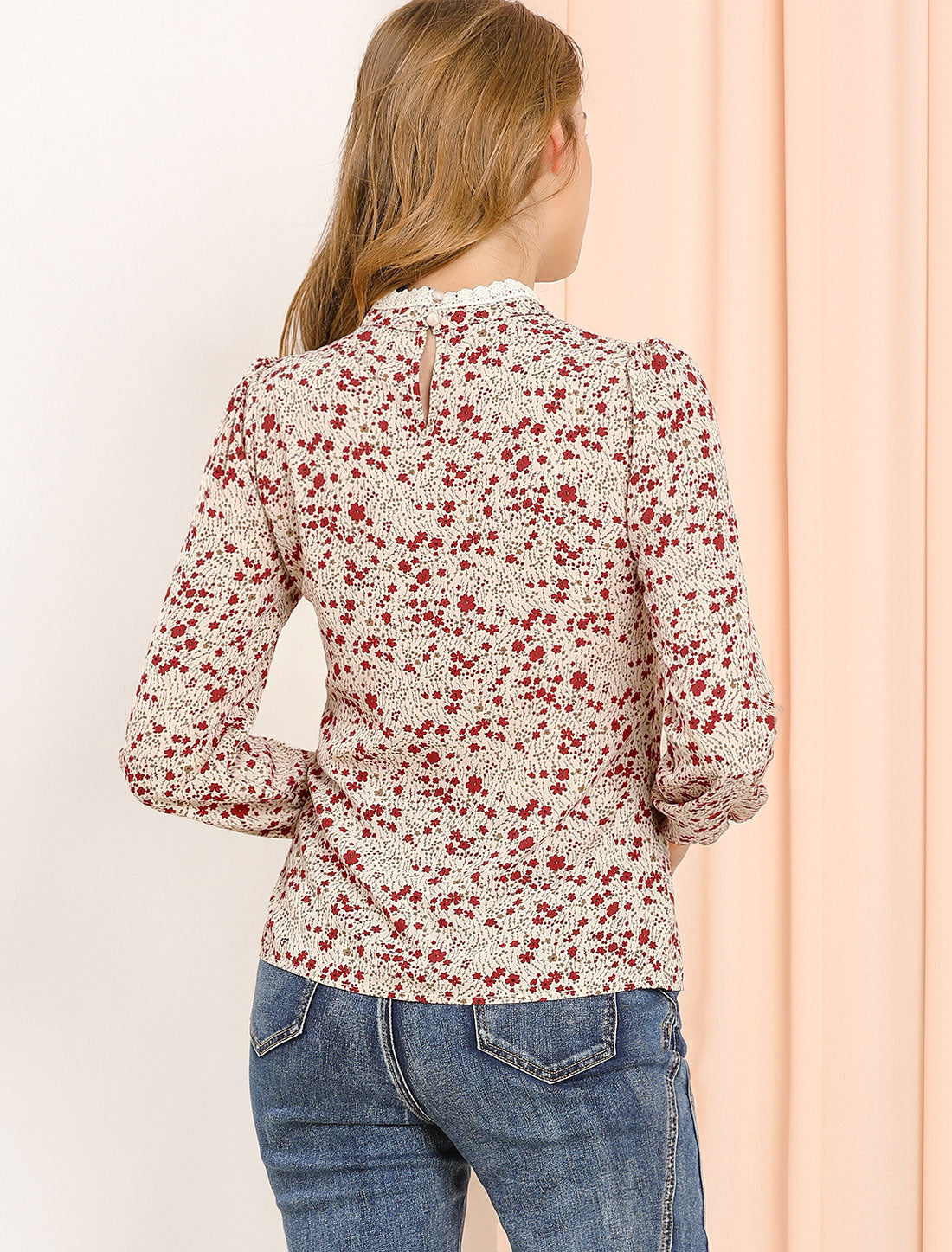 Women's Lace Trim Stand Collar Long Sleeves Floral Blouse Top