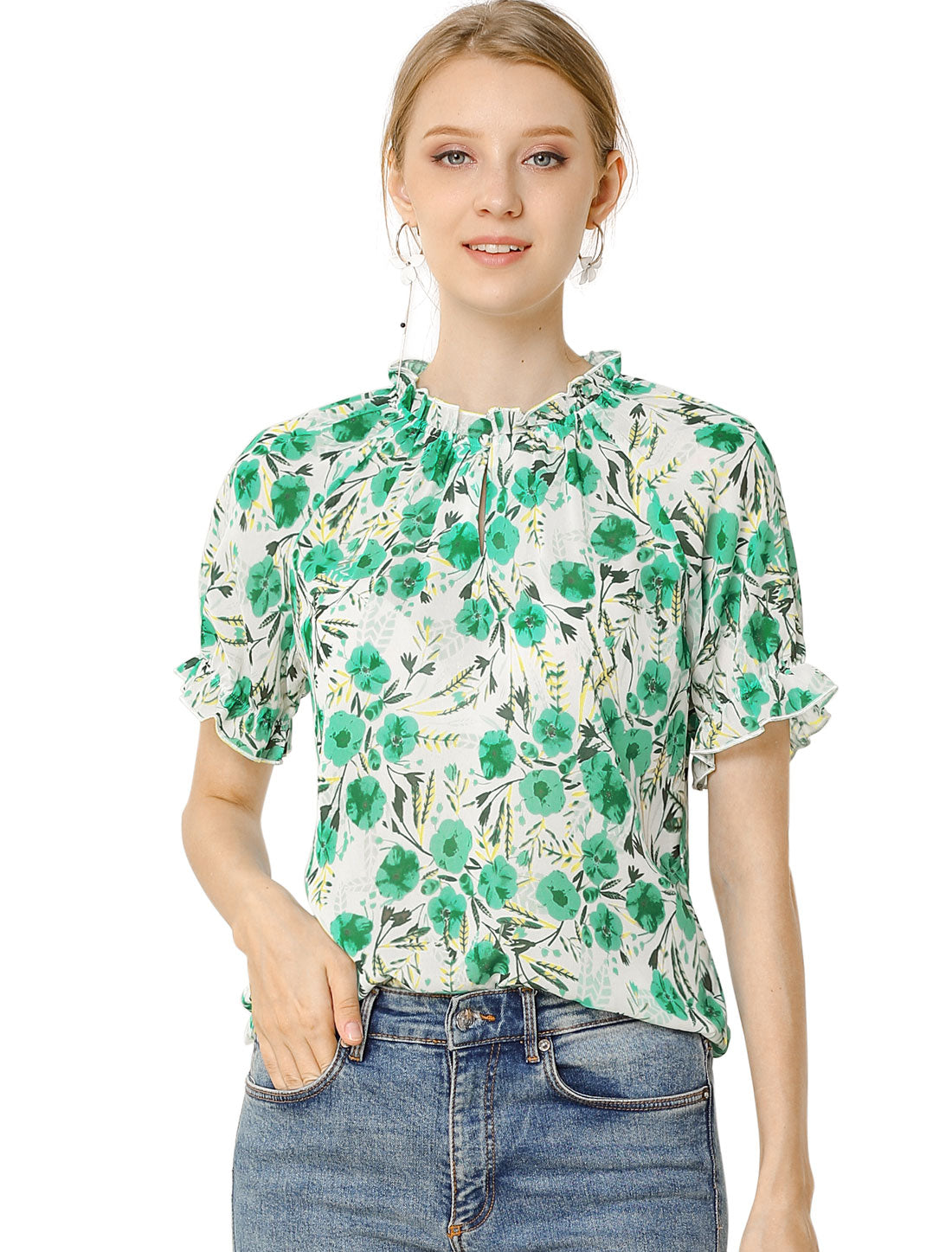 Blusa informal de verano de manga corta con cuello alto y estampado floral con volantes para mujer