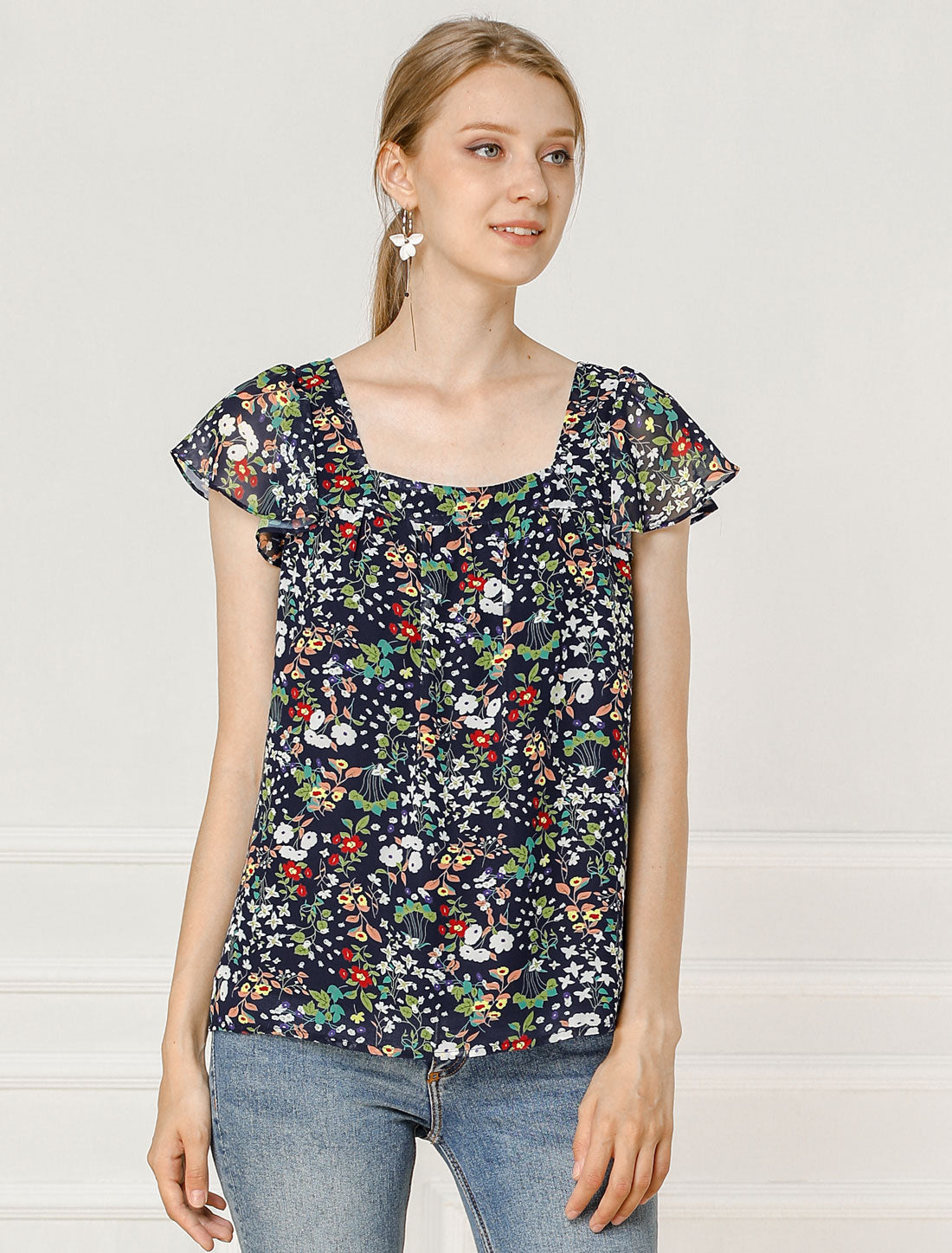 Women's Floral Blouse Summer Casual Square Neck Chiffon Short Sleeve Ruffle Top (Available in Plus Size)