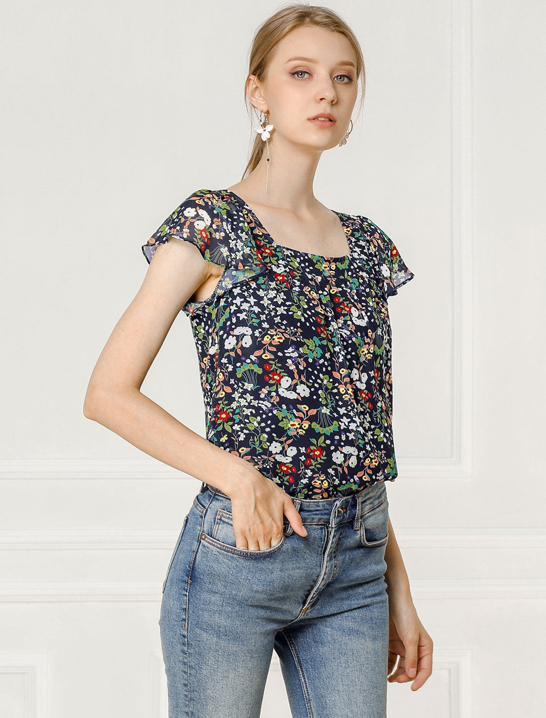 Women's Floral Blouse Summer Casual Square Neck Chiffon Short Sleeve Ruffle Top (Available in Plus Size)