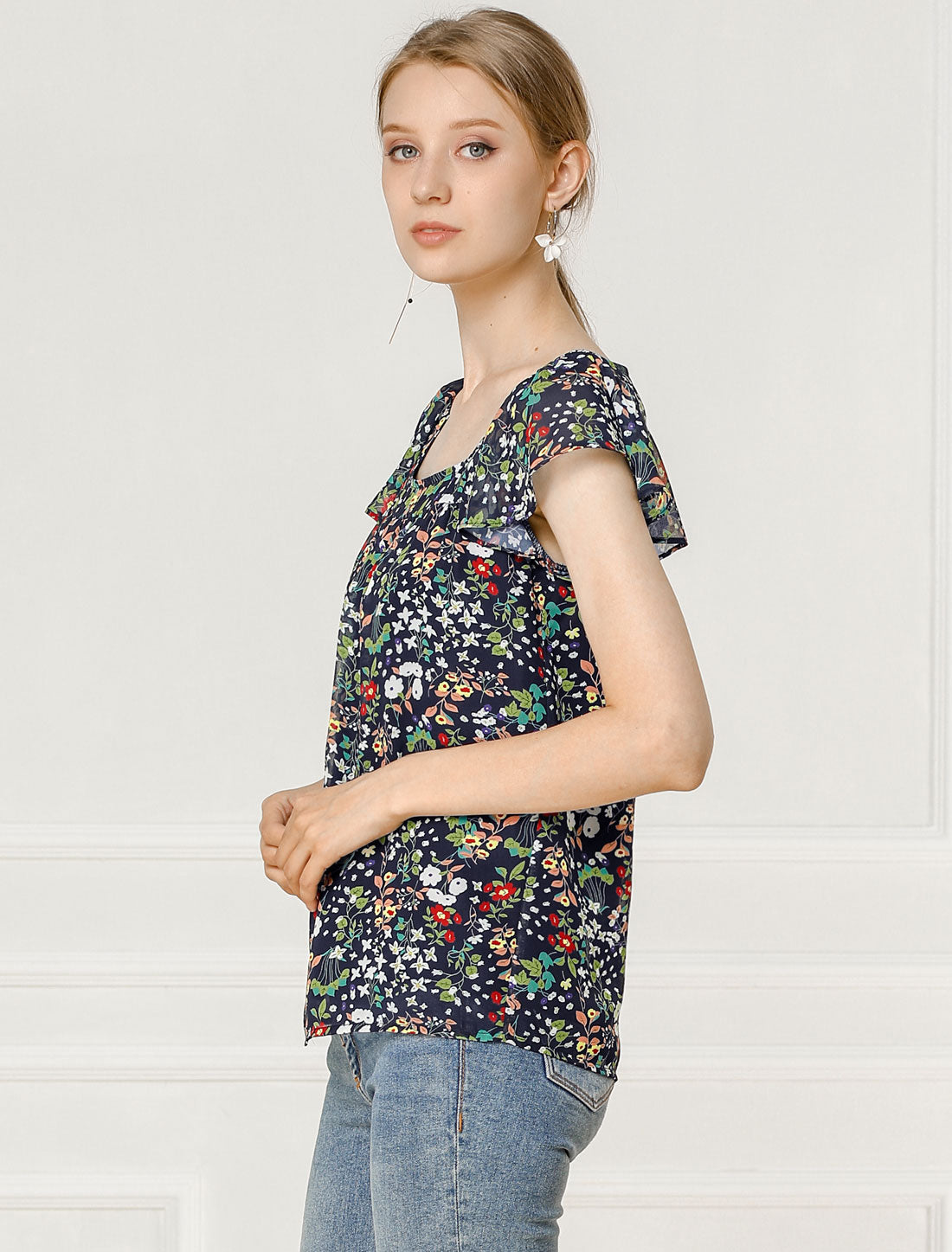 Women's Floral Blouse Summer Casual Square Neck Chiffon Short Sleeve Ruffle Top (Available in Plus Size)