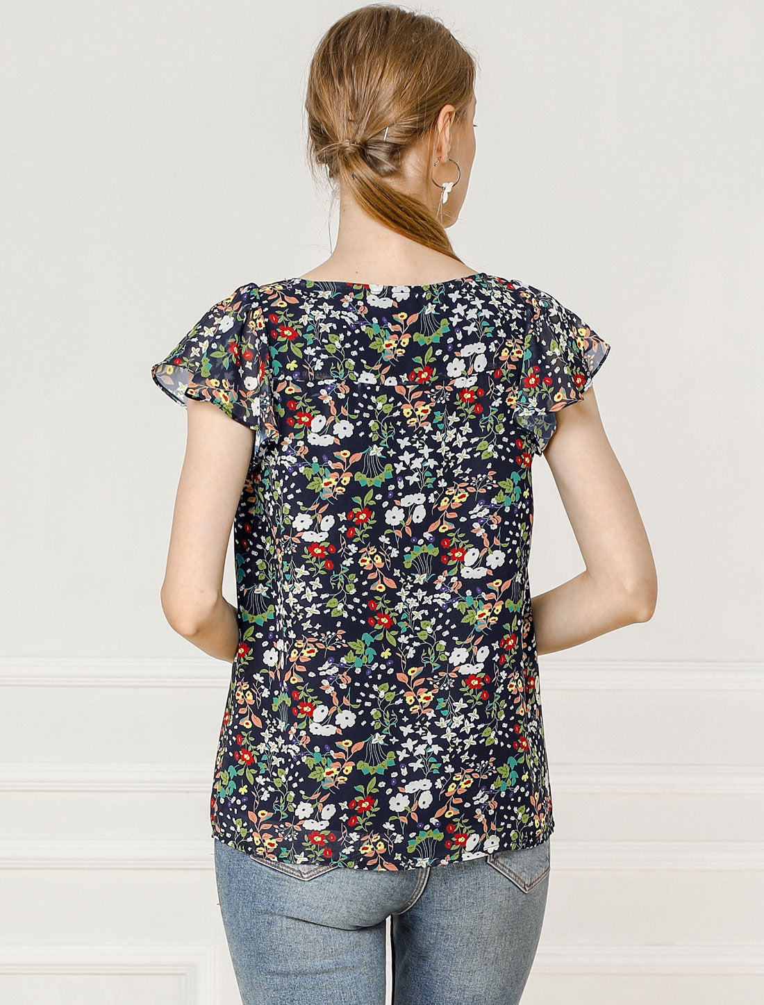 Women's Floral Blouse Summer Casual Square Neck Chiffon Short Sleeve Ruffle Top (Available in Plus Size)