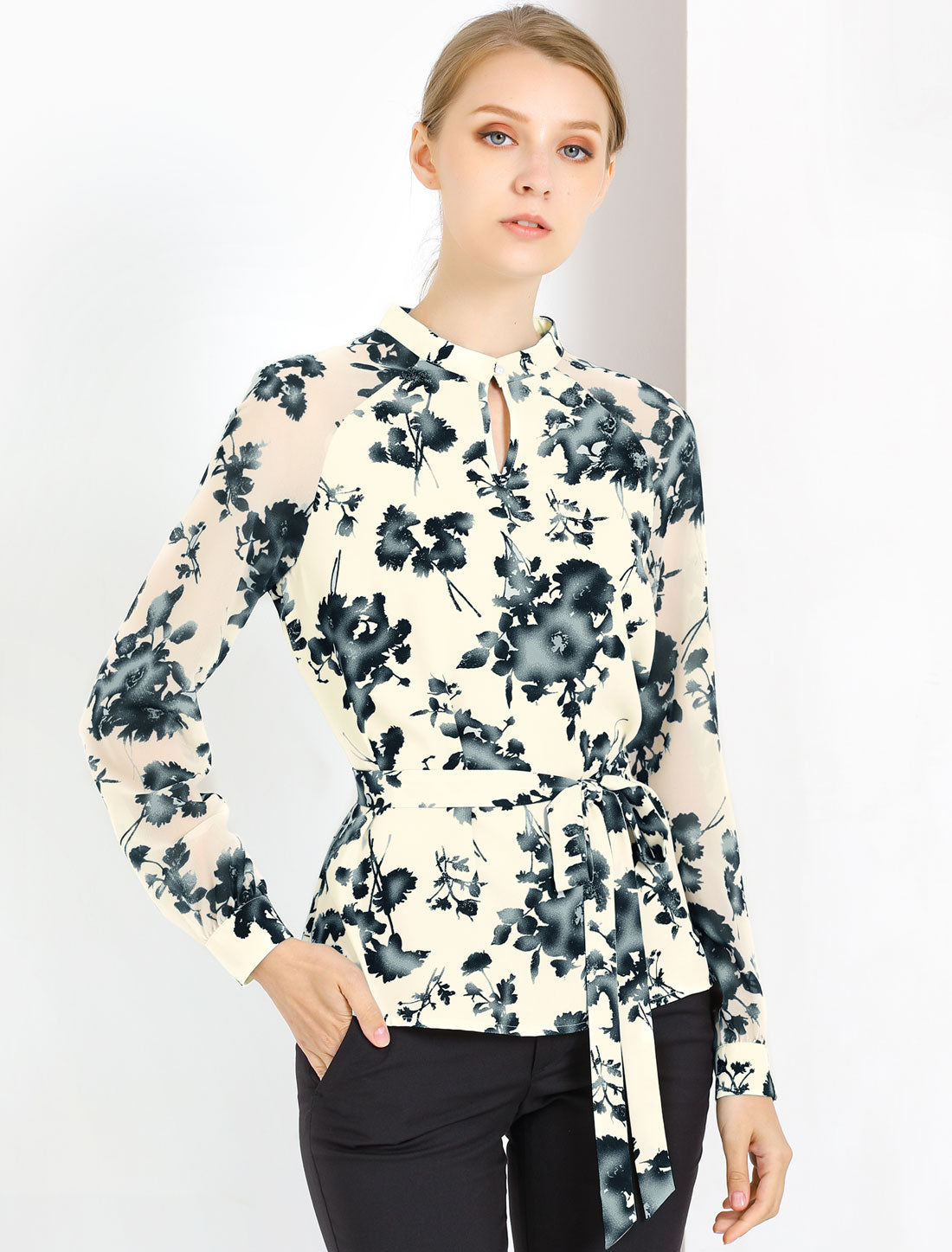 Women's Elegant Long Raglan Sleeve Collared Floral Peplum Top