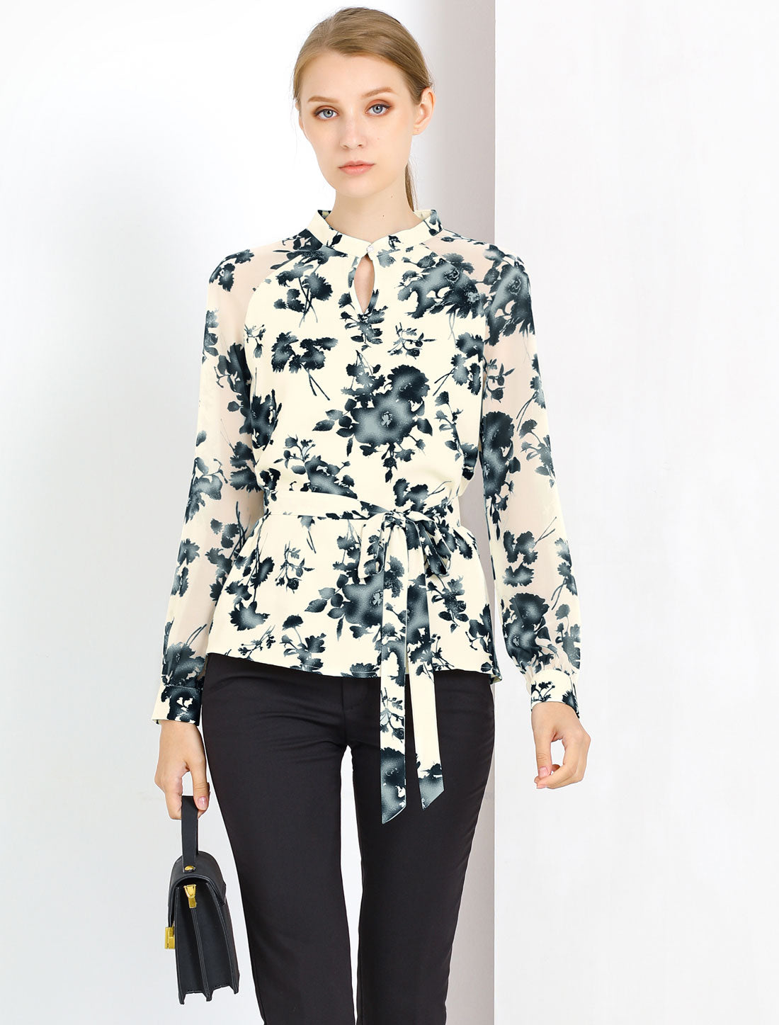 Women's Elegant Long Raglan Sleeve Collared Floral Peplum Top