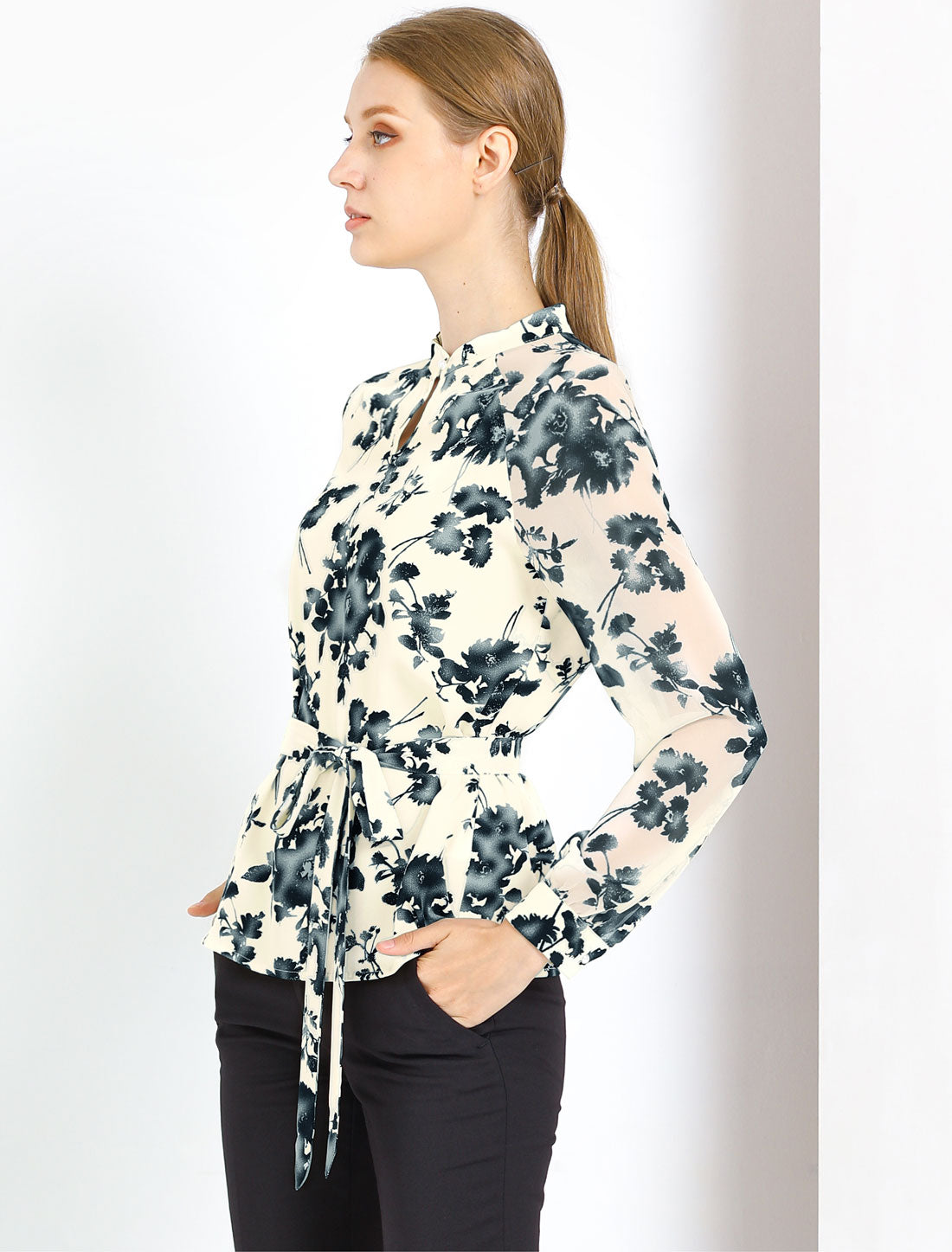 Women's Elegant Long Raglan Sleeve Collared Floral Peplum Top