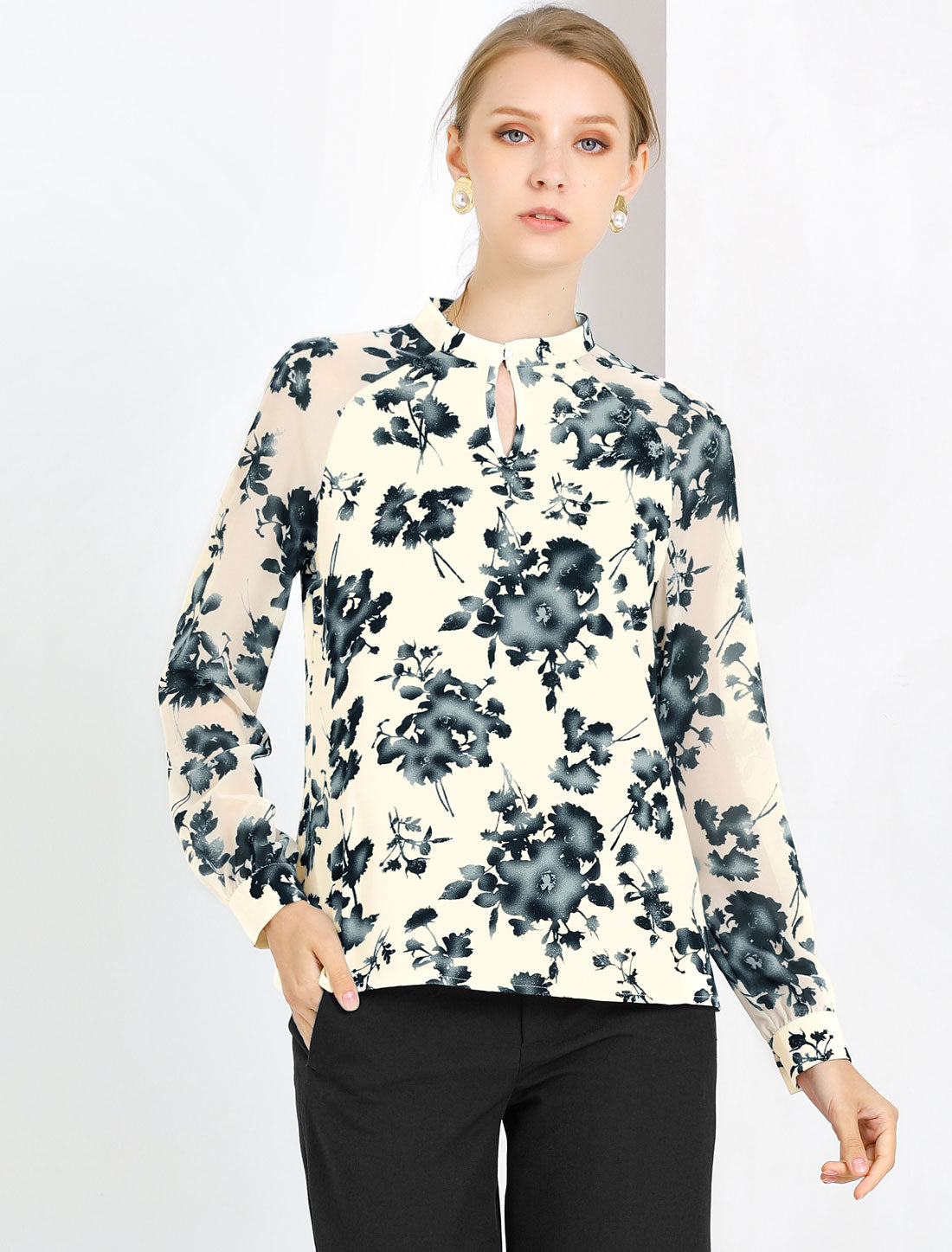 Women's Elegant Long Raglan Sleeve Collared Floral Peplum Top