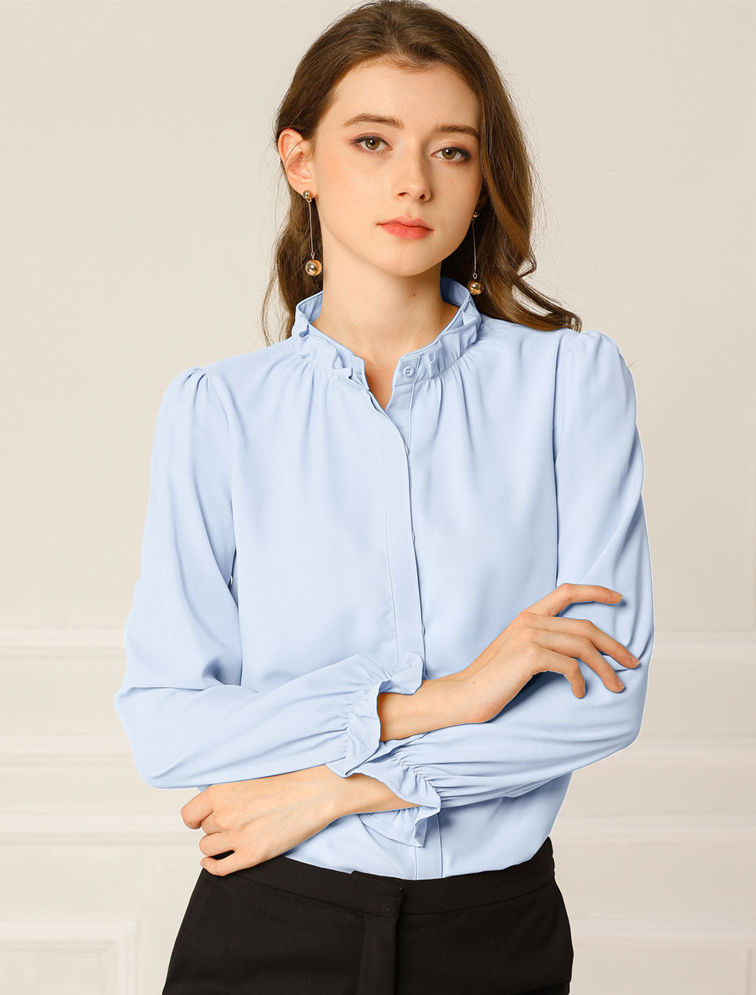 Women's Elegant Ruffled Collar Long Sleeve Chiffon Button Down Blouse Shirt (Available in Plus Size)