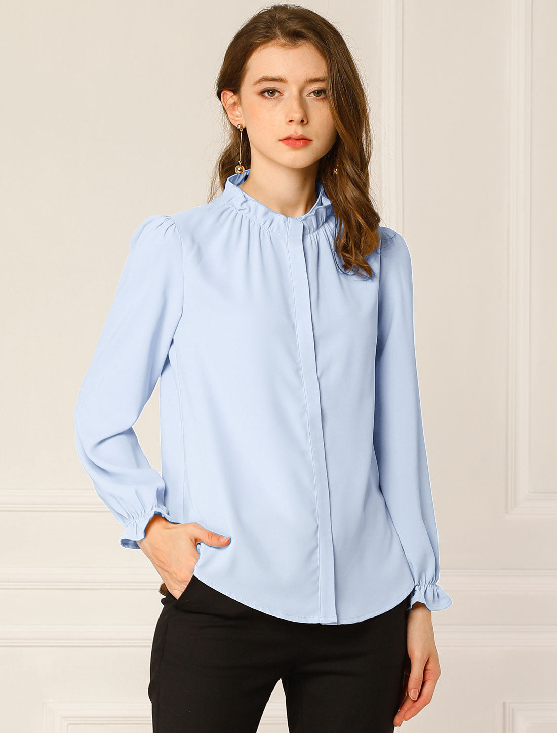 Women's Elegant Ruffled Collar Long Sleeve Chiffon Button Down Blouse Shirt (Available in Plus Size)