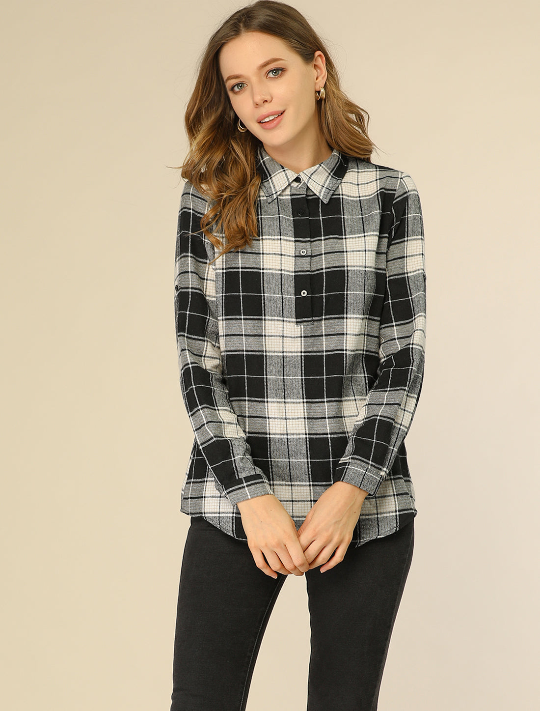 Women's Plaid Shirt Point Collar Roll Up Long Sleeve Top