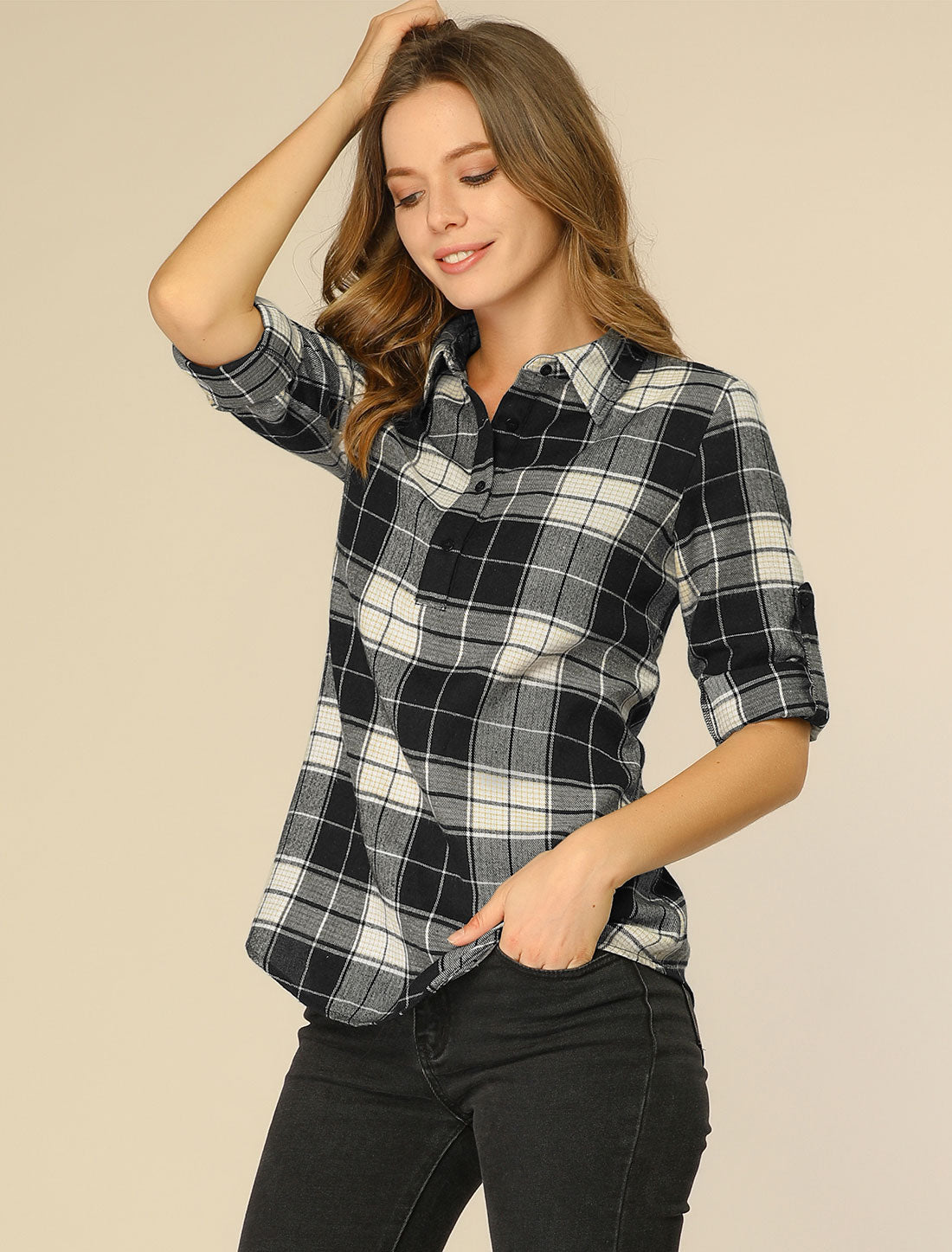 Women's Plaid Shirt Point Collar Roll Up Long Sleeve Top