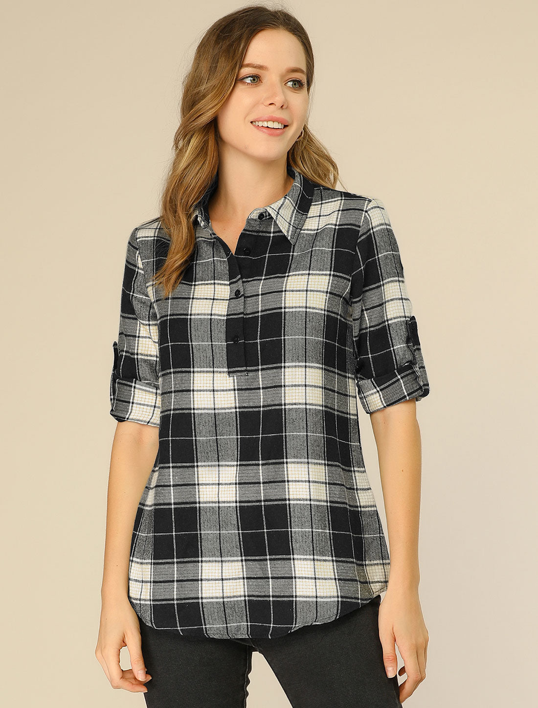 Women's Plaid Shirt Point Collar Roll Up Long Sleeve Top