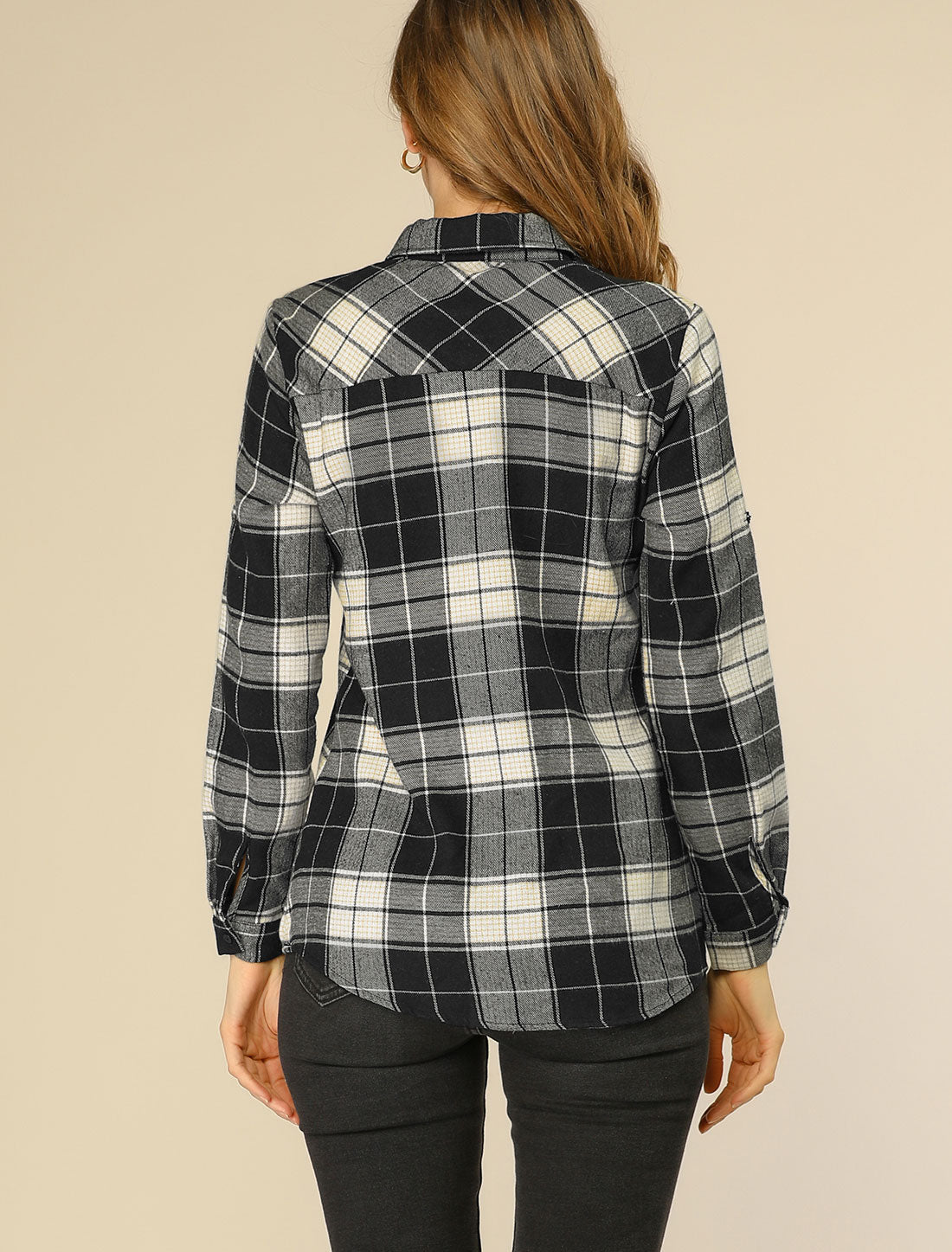 Women's Plaid Shirt Point Collar Roll Up Long Sleeve Top