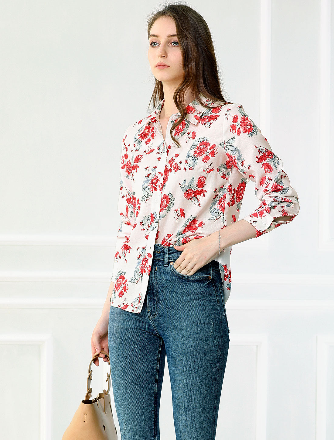 Women's Button Down Floral Long Sleeve Point Collar Shirt Top