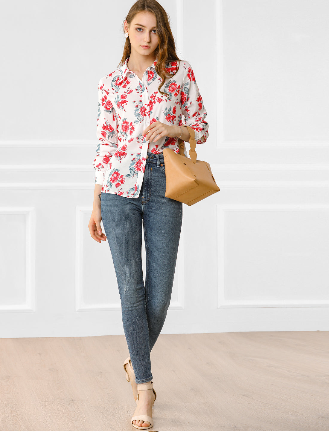 Women's Button Down Floral Long Sleeve Point Collar Shirt Top