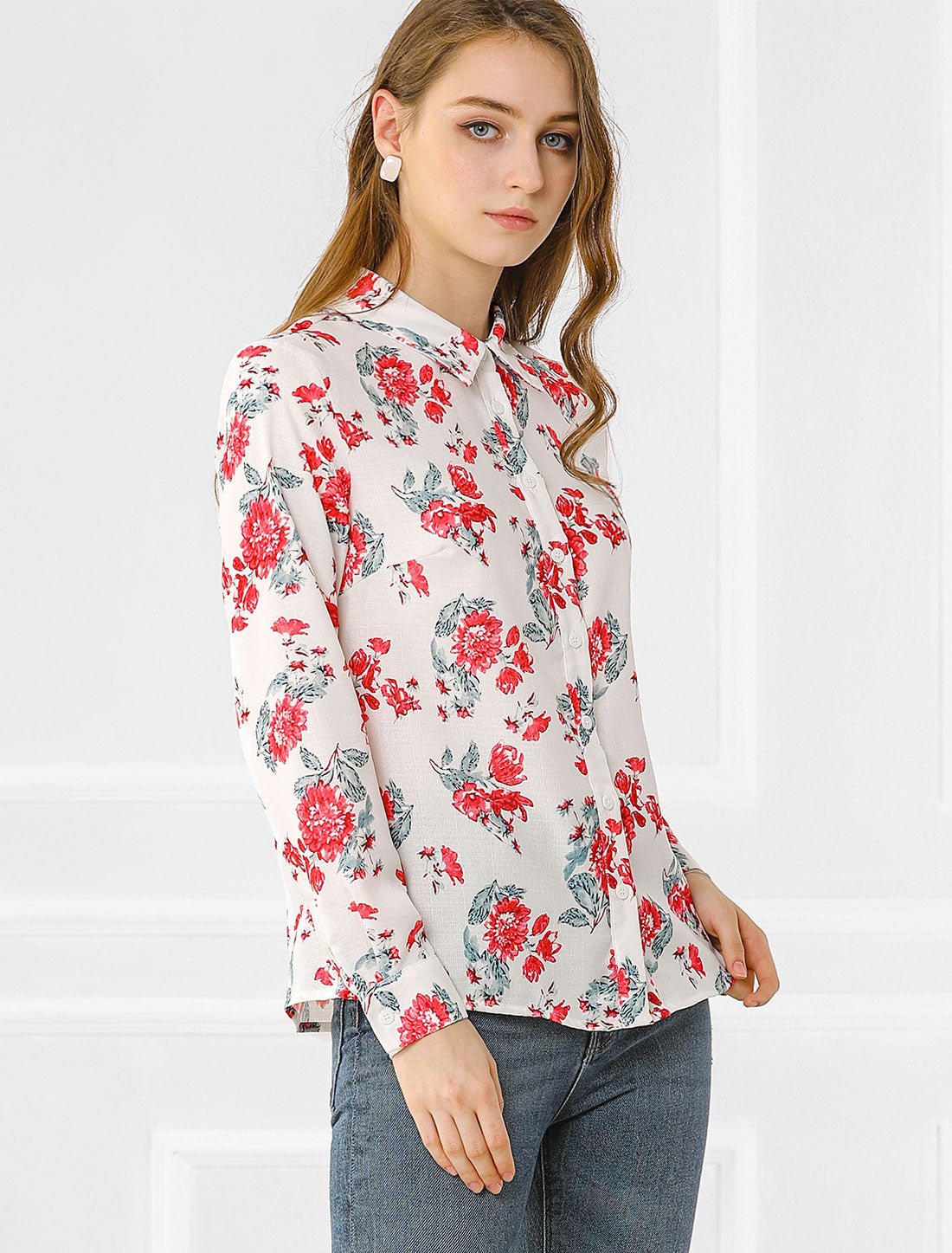 Women's Button Down Floral Long Sleeve Point Collar Shirt Top
