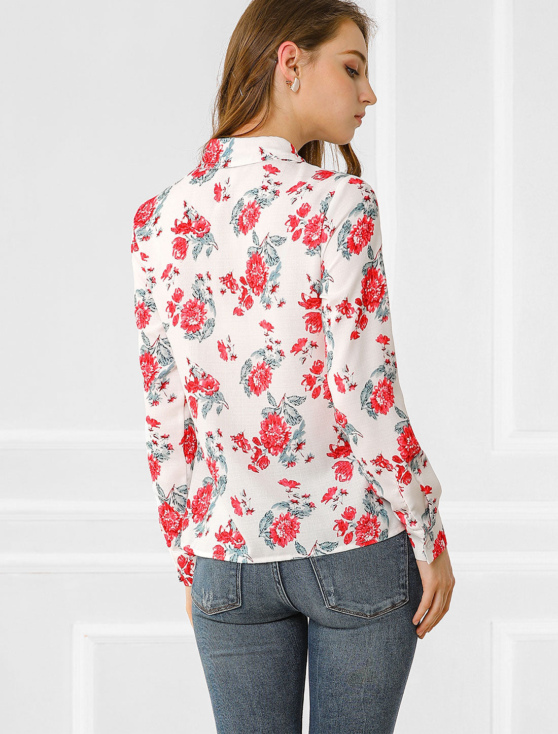 Women's Button Down Floral Long Sleeve Point Collar Shirt Top