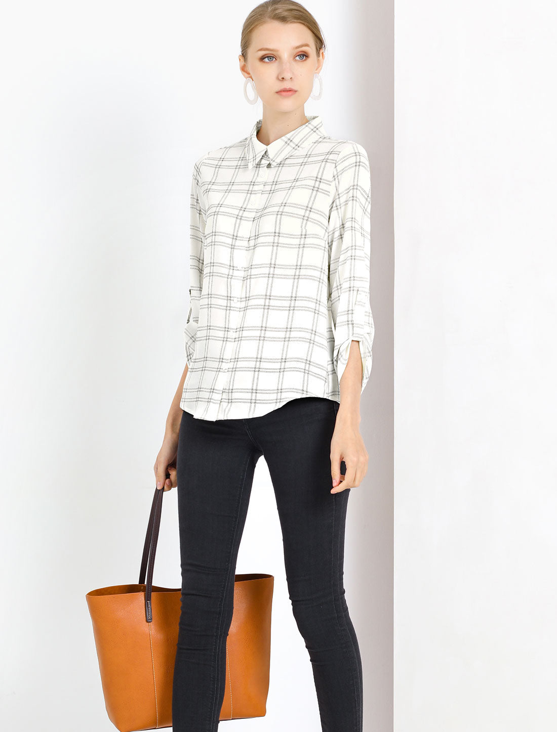 Women's Roll Up Sleeve Collared Button Up Plaid Shirt
