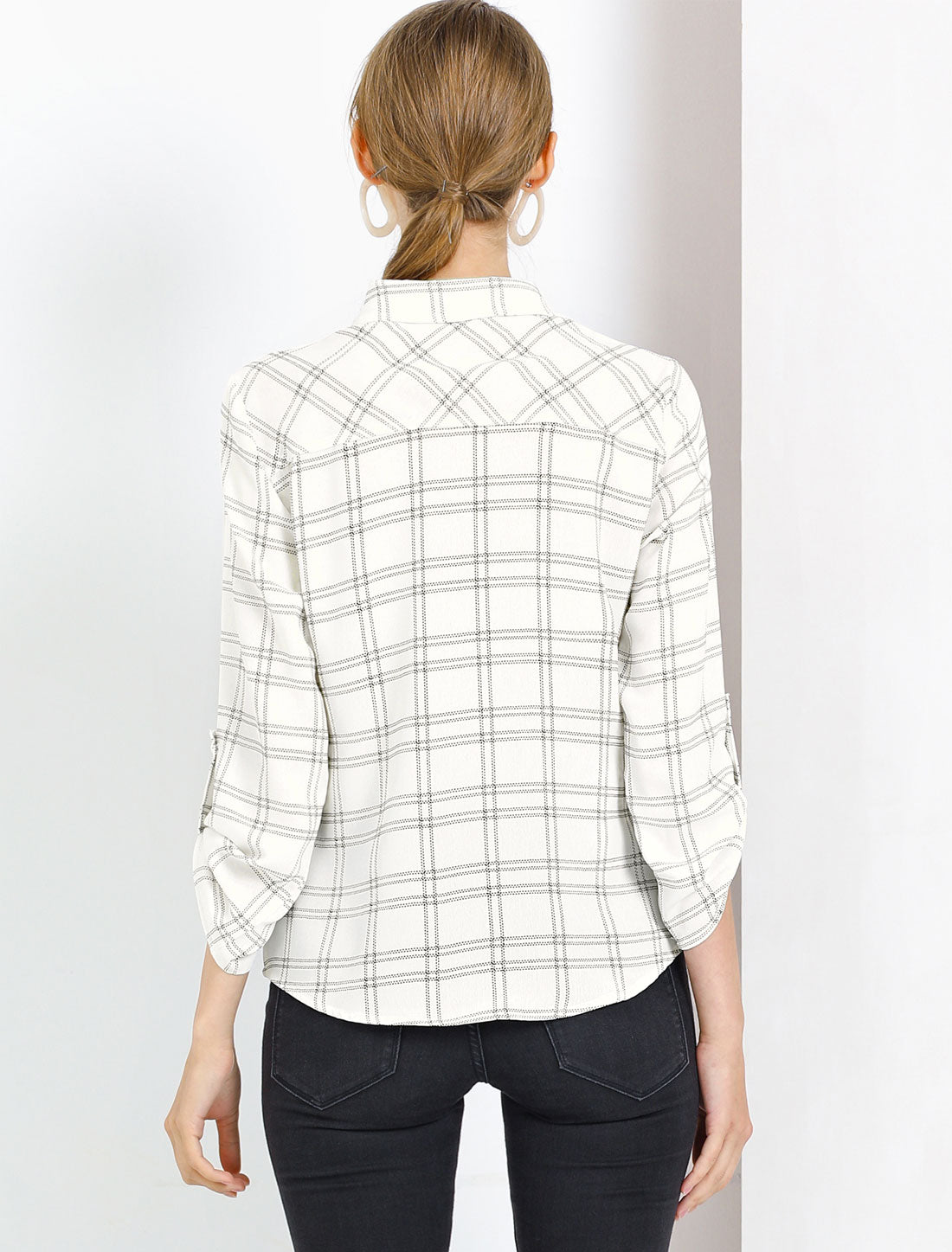 Women's Roll Up Sleeve Collared Button Up Plaid Shirt
