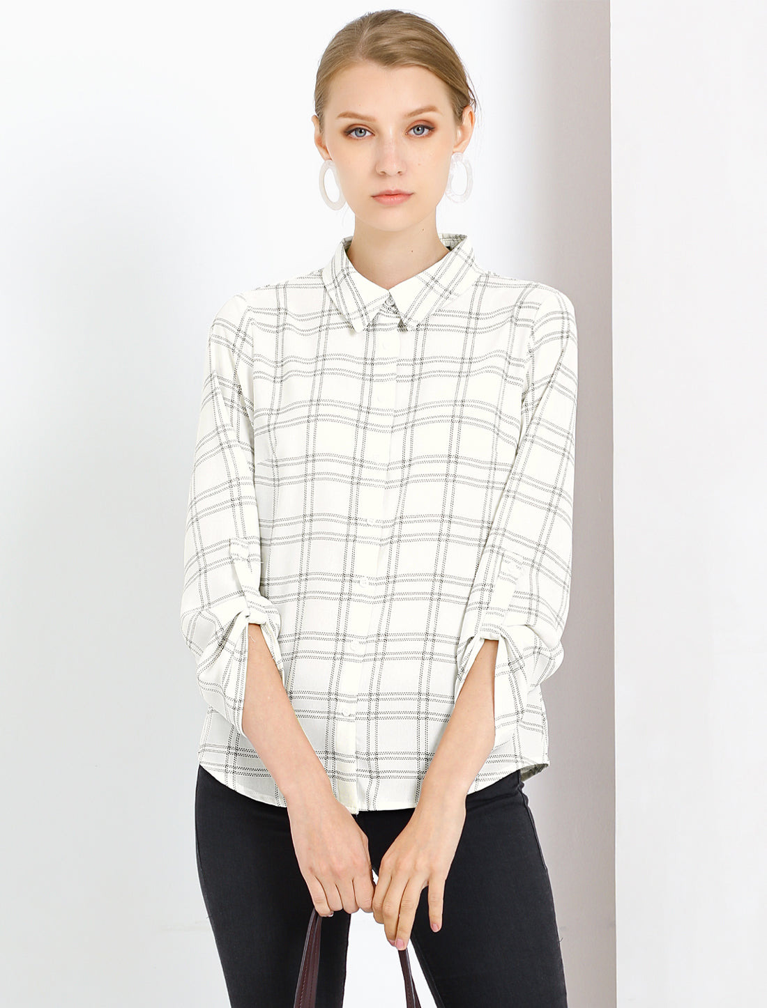 Women's Roll Up Sleeve Collared Button Up Plaid Shirt