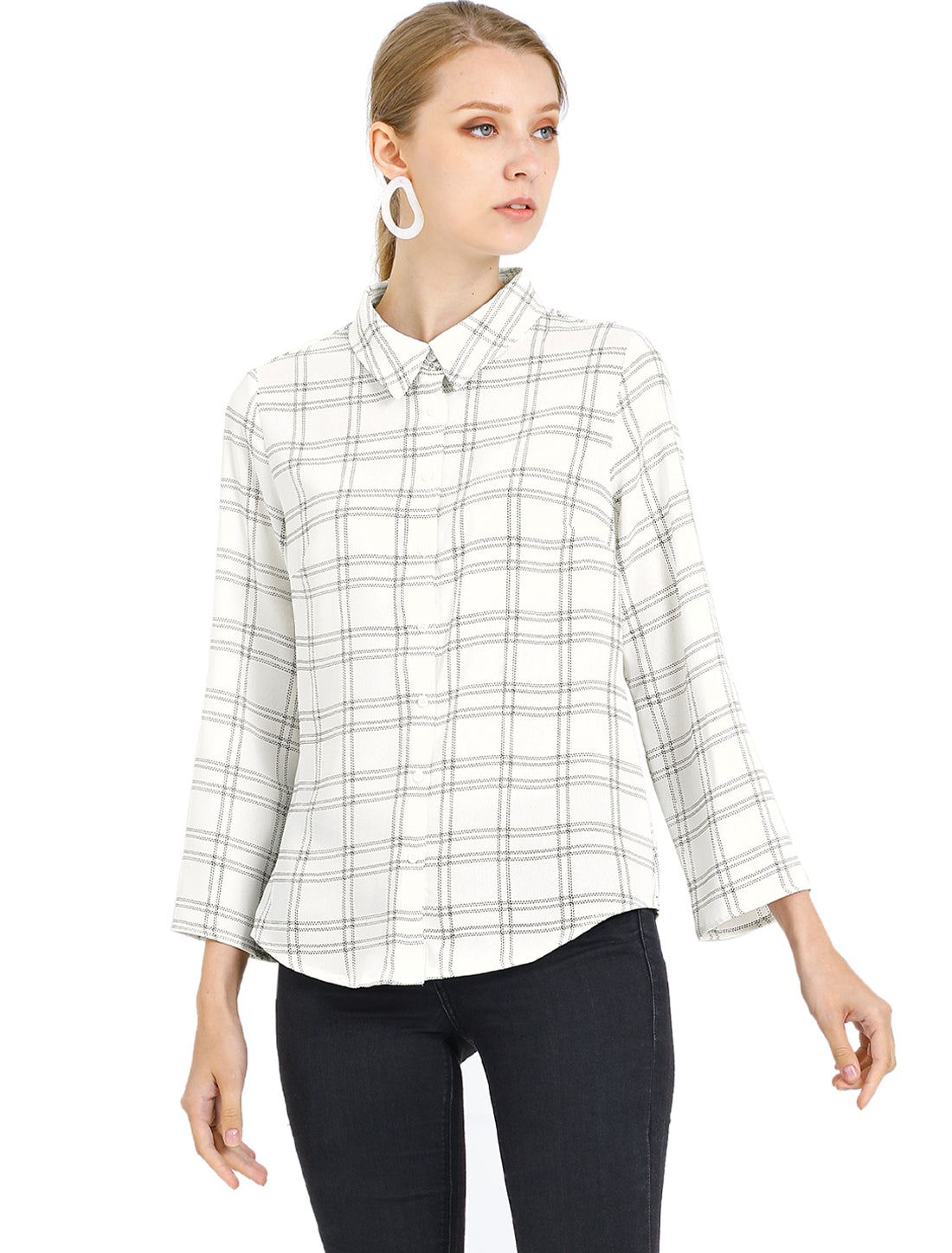 Women's Roll Up Sleeve Collared Button Up Plaid Shirt