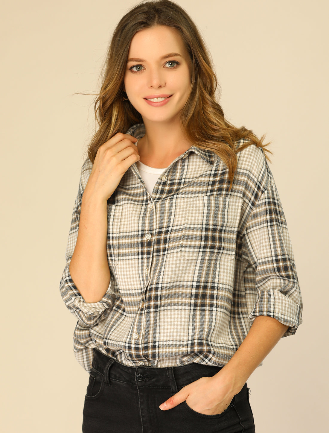 Women's Button Down Turnover Collar Chest Pockets Plaid Shirt
