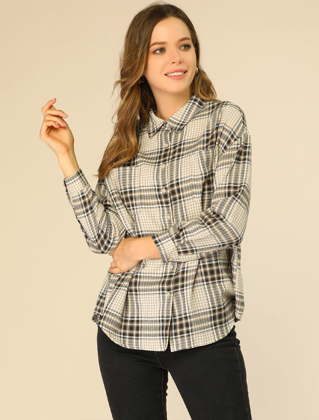 Women's Button Down Turnover Collar Chest Pockets Plaid Shirt