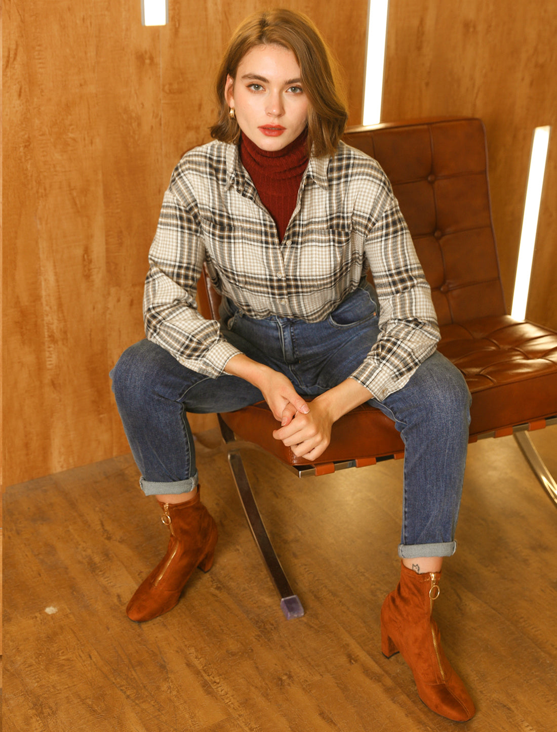 Women's Button Down Turnover Collar Chest Pockets Plaid Shirt