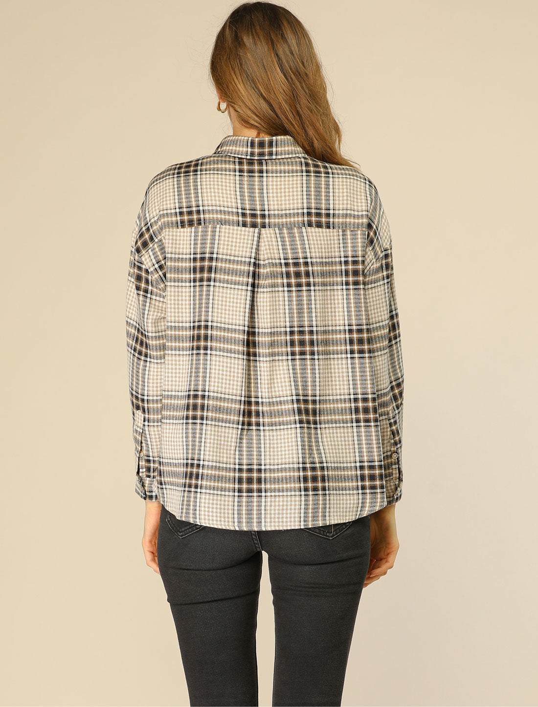 Women's Button Down Turnover Collar Chest Pockets Plaid Shirt