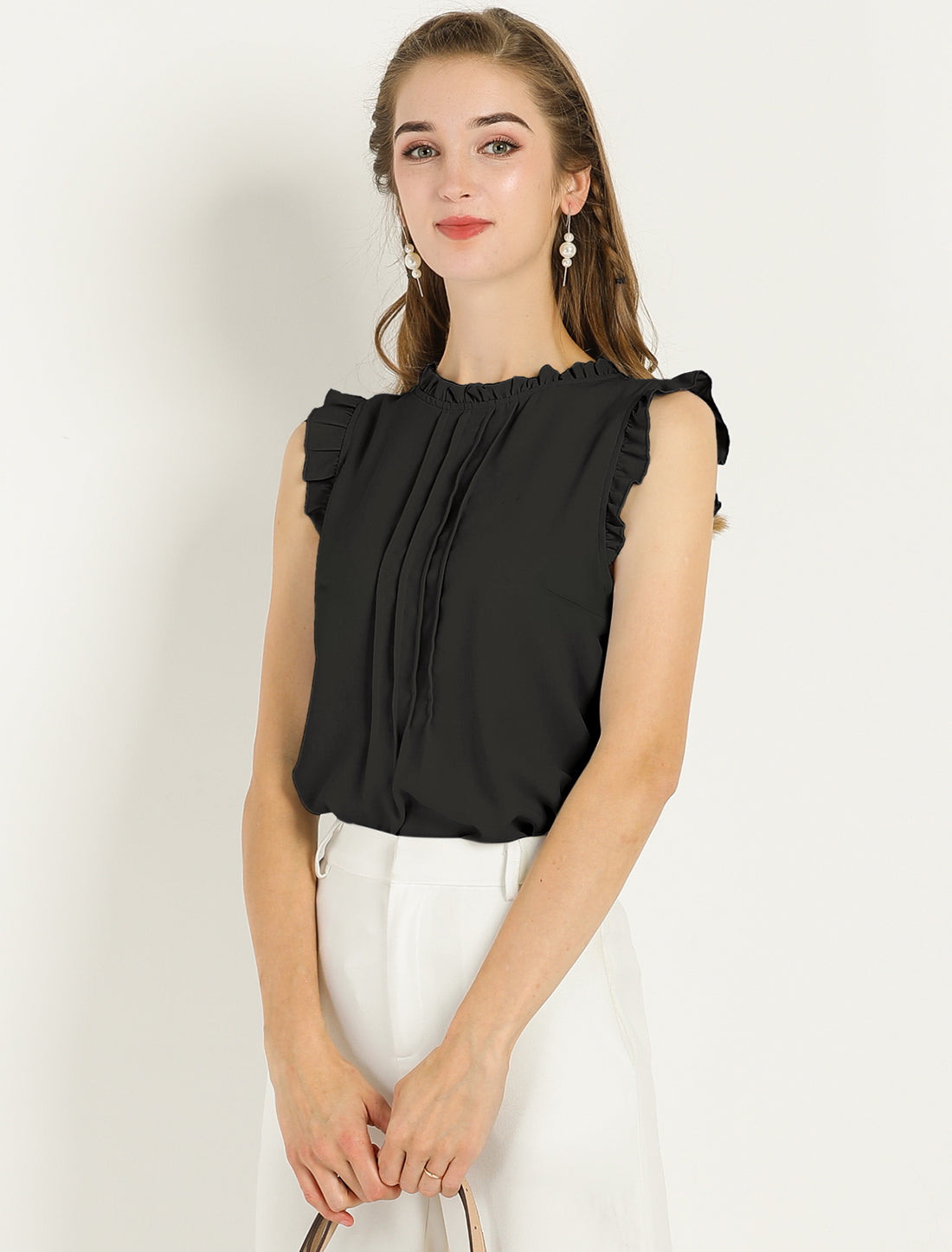 Blusa informal de negocios sin mangas con volantes para mujer (disponible en tallas grandes)