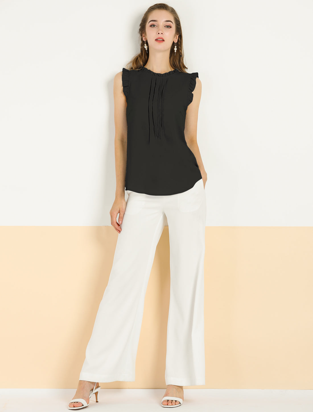 Blusa informal de negocios sin mangas con volantes para mujer (disponible en tallas grandes)